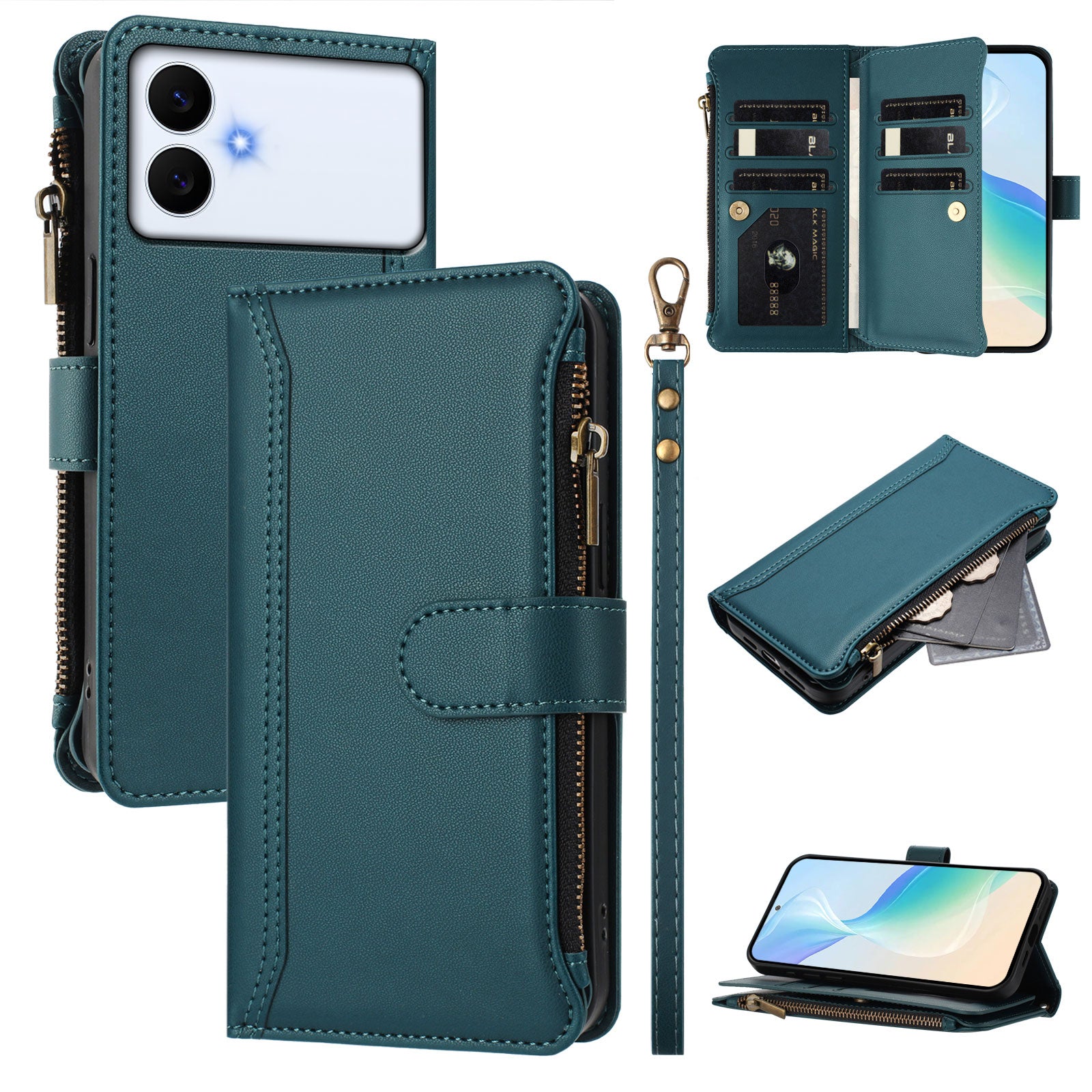 For-Samsung-Galaxy-S26-Edge-Leather-Case-9-Card-Slots-Zipper-Wallet-Stand-Phone-Cover-with-Wrist-Strap-Dark-Green