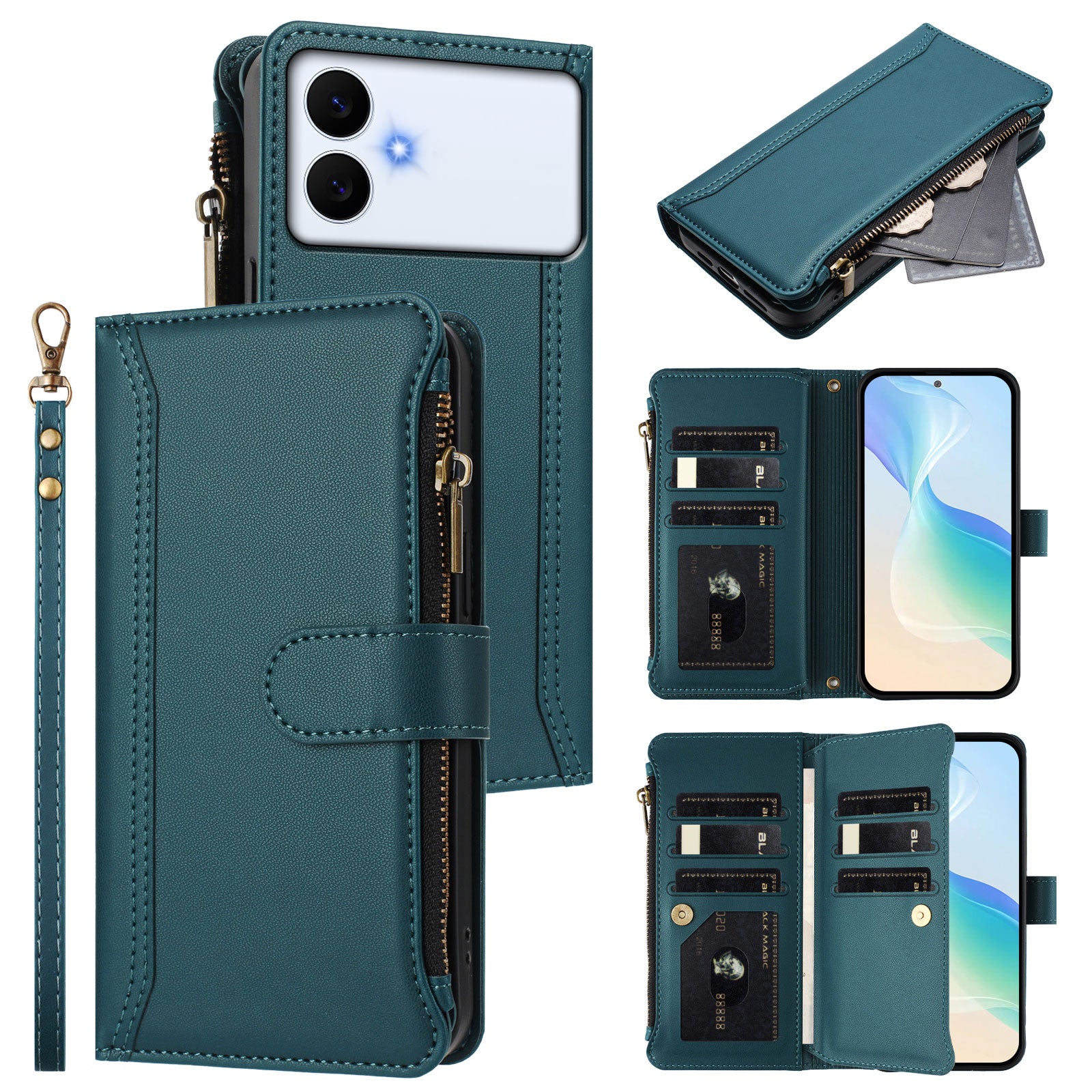 For-Samsung-Galaxy-S26-Edge-Leather-Case-9-Card-Slots-Zipper-Wallet-Stand-Phone-Cover-with-Wrist-Strap-Dark-Green