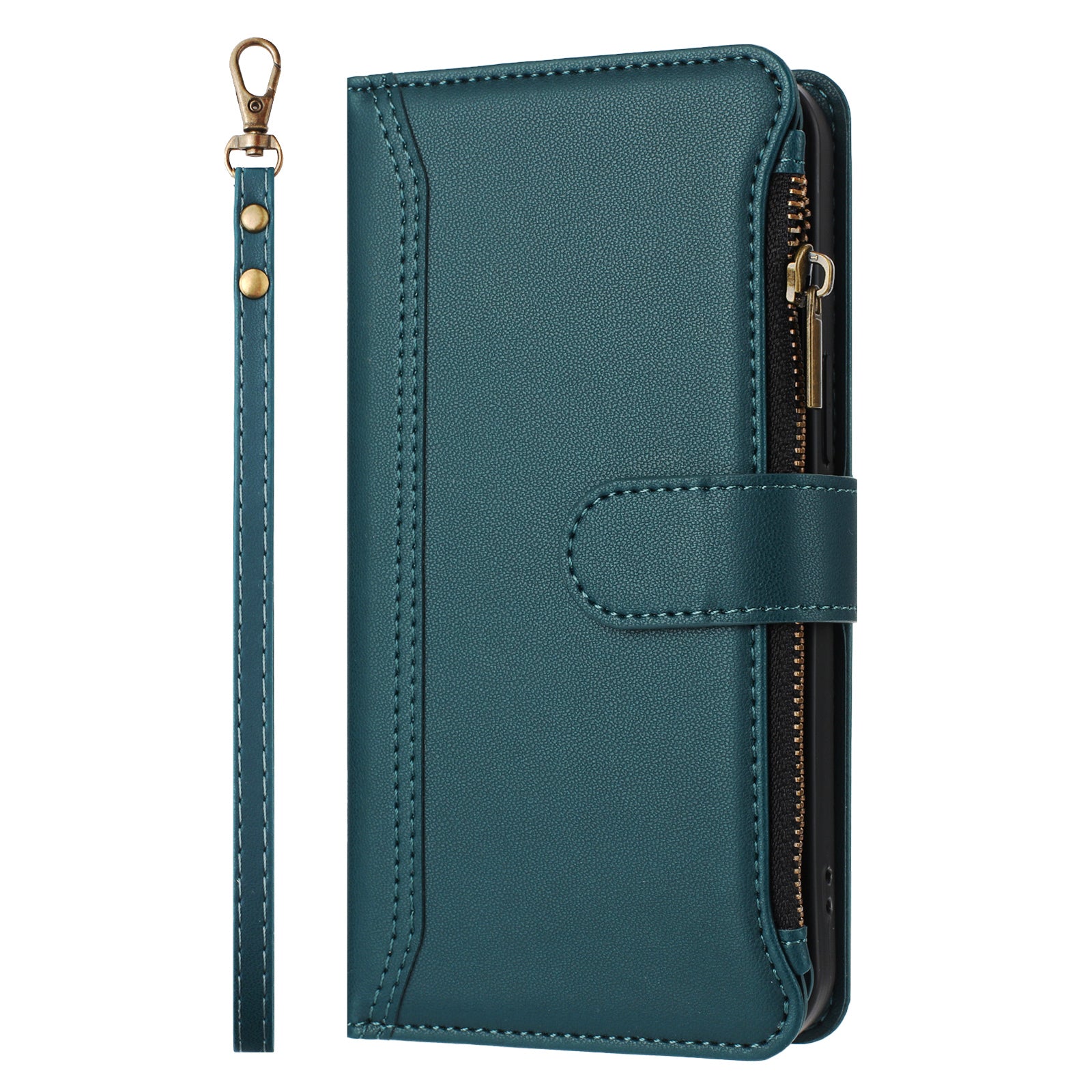 For-Samsung-Galaxy-S26-Edge-Leather-Case-9-Card-Slots-Zipper-Wallet-Stand-Phone-Cover-with-Wrist-Strap-Dark-Green
