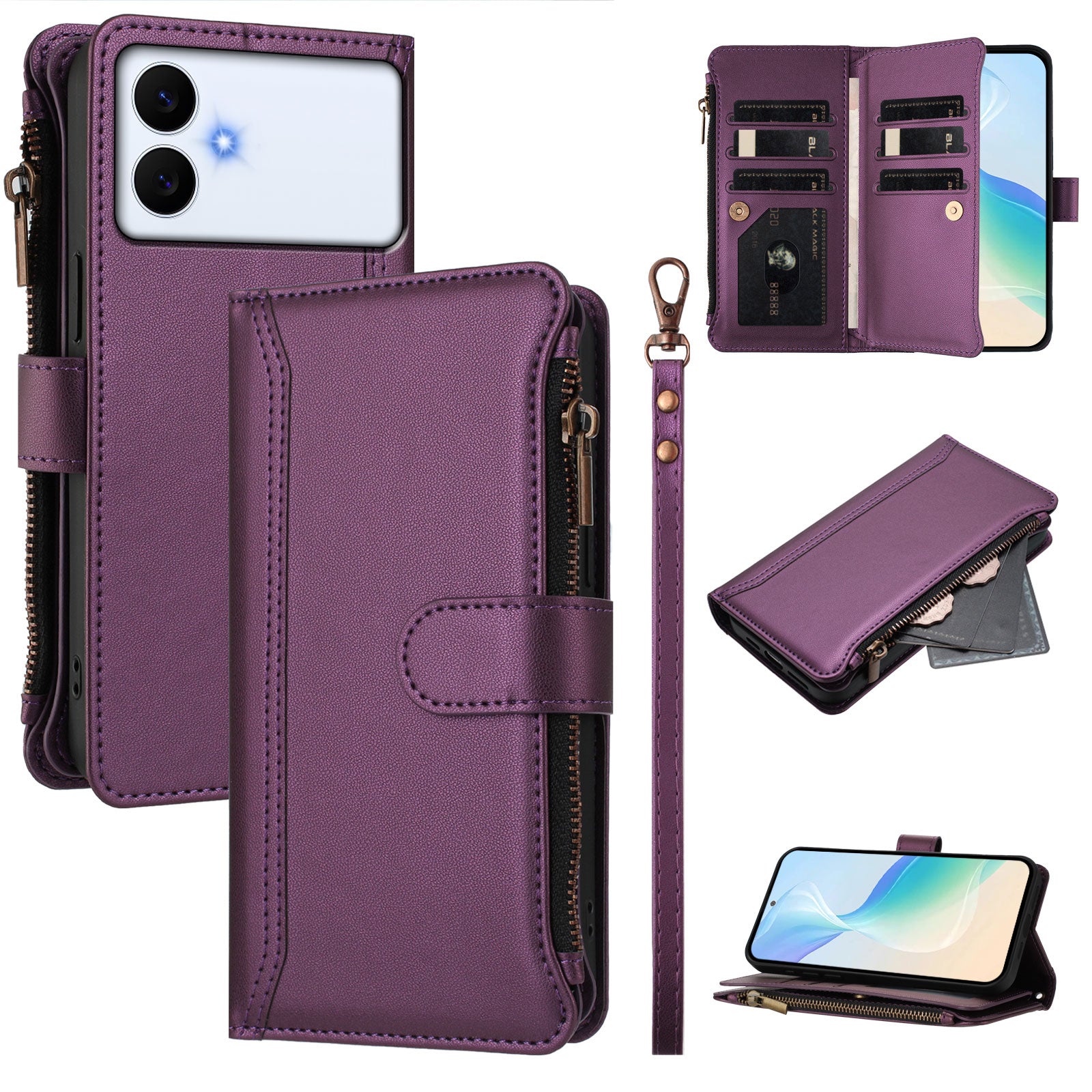 For-Samsung-Galaxy-S26-Edge-Leather-Case-9-Card-Slots-Zipper-Wallet-Stand-Phone-Cover-with-Wrist-Strap-Purple