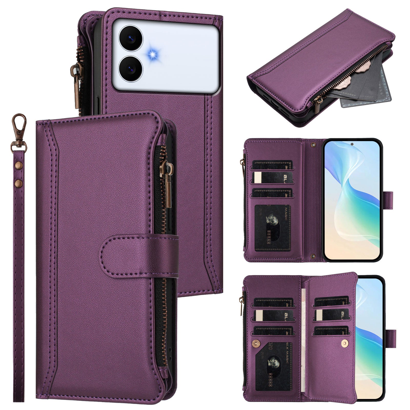For-Samsung-Galaxy-S26-Edge-Leather-Case-9-Card-Slots-Zipper-Wallet-Stand-Phone-Cover-with-Wrist-Strap-Purple