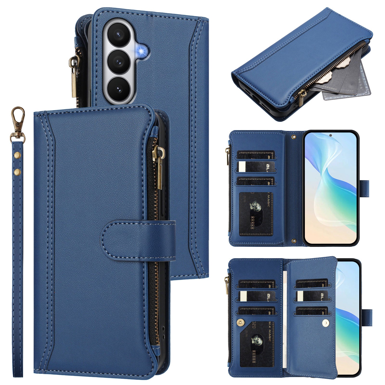 For-Samsung-Galaxy-S26-/-S26-Pro-Leather-Case-9-Card-Slots-Zipper-Wallet-Stand-Phone-Cover-with-Wrist-Strap-Dark-Blue