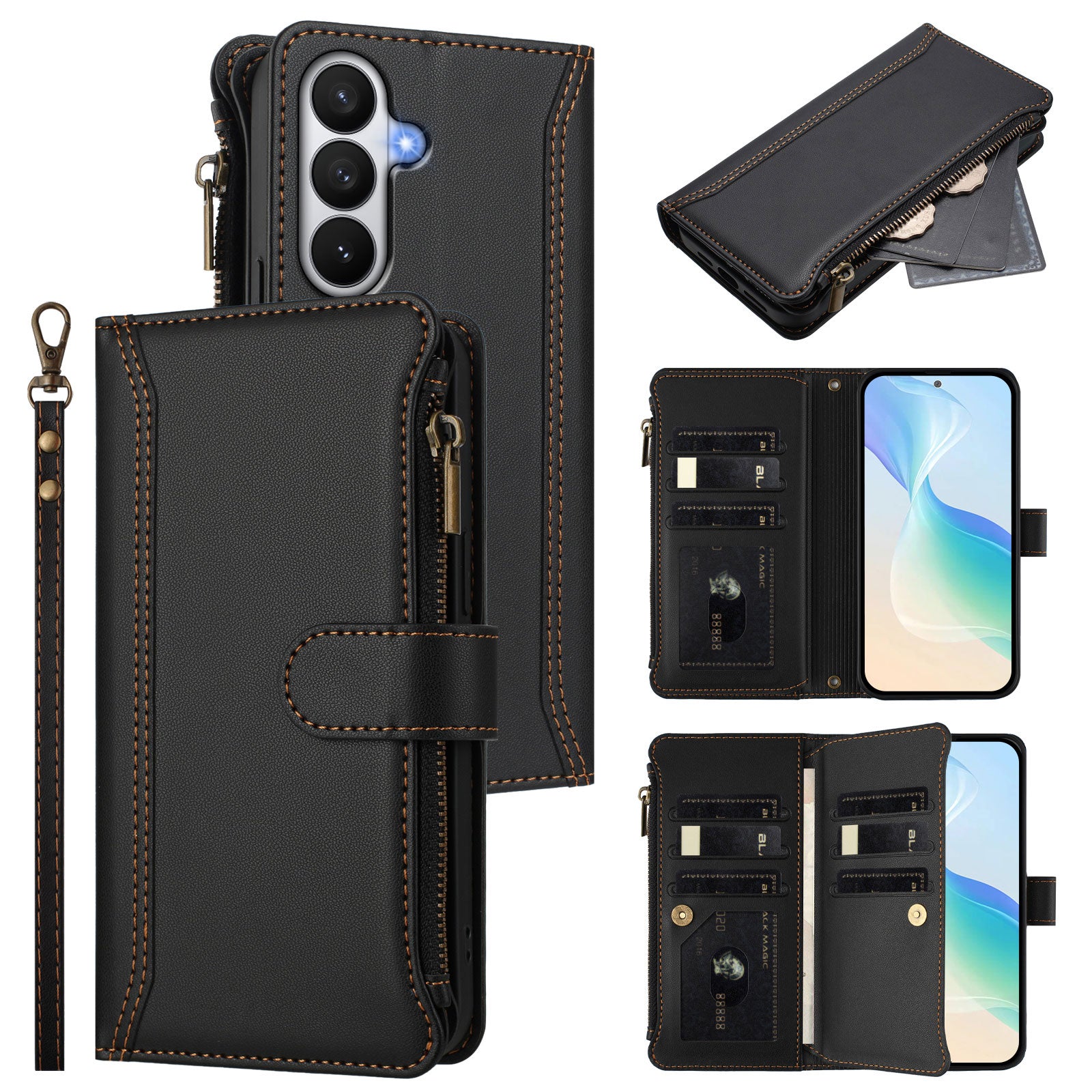 For-Samsung-Galaxy-S26-/-S26-Pro-Leather-Case-9-Card-Slots-Zipper-Wallet-Stand-Phone-Cover-with-Wrist-Strap-Black