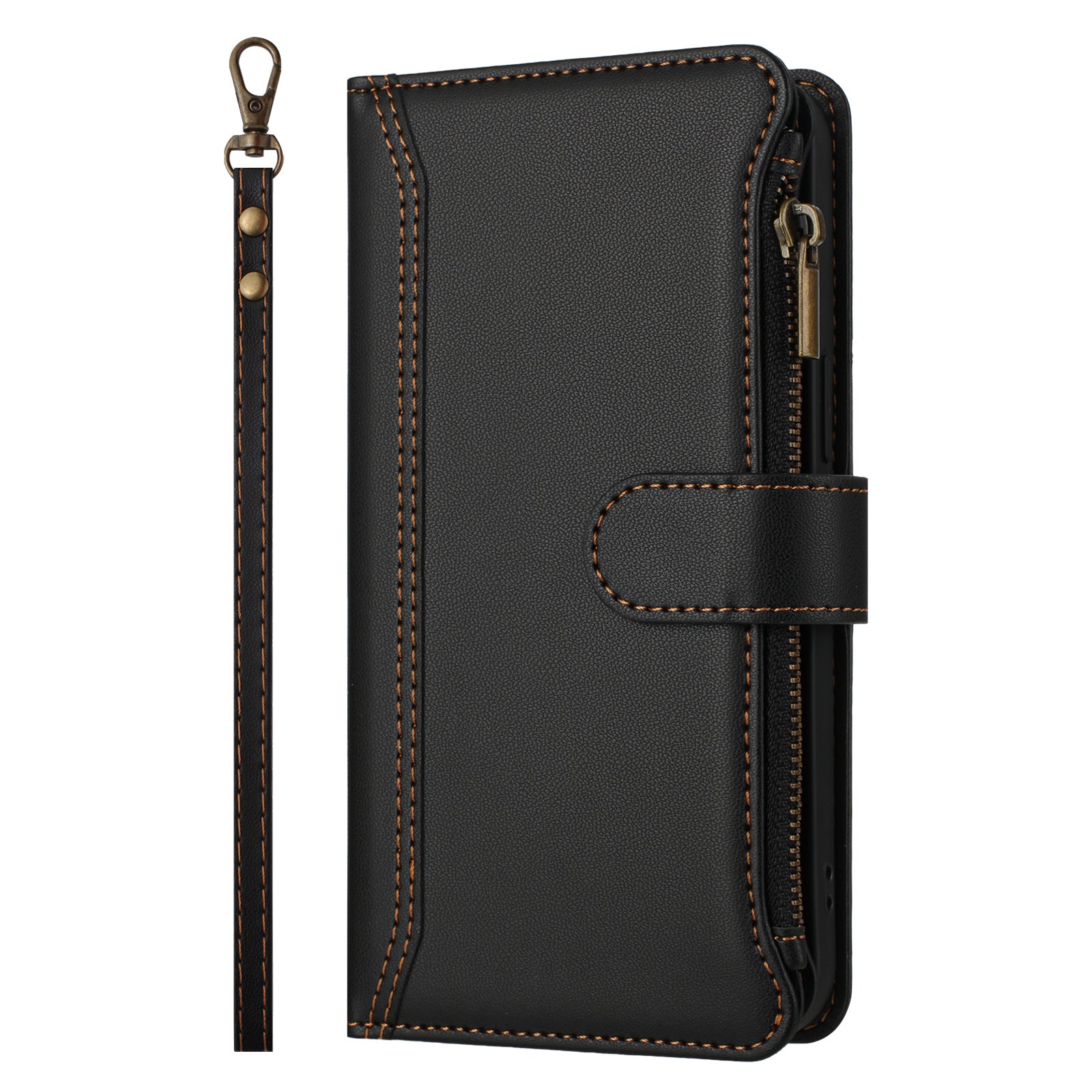 For-Samsung-Galaxy-S26-/-S26-Pro-Leather-Case-9-Card-Slots-Zipper-Wallet-Stand-Phone-Cover-with-Wrist-Strap-Black