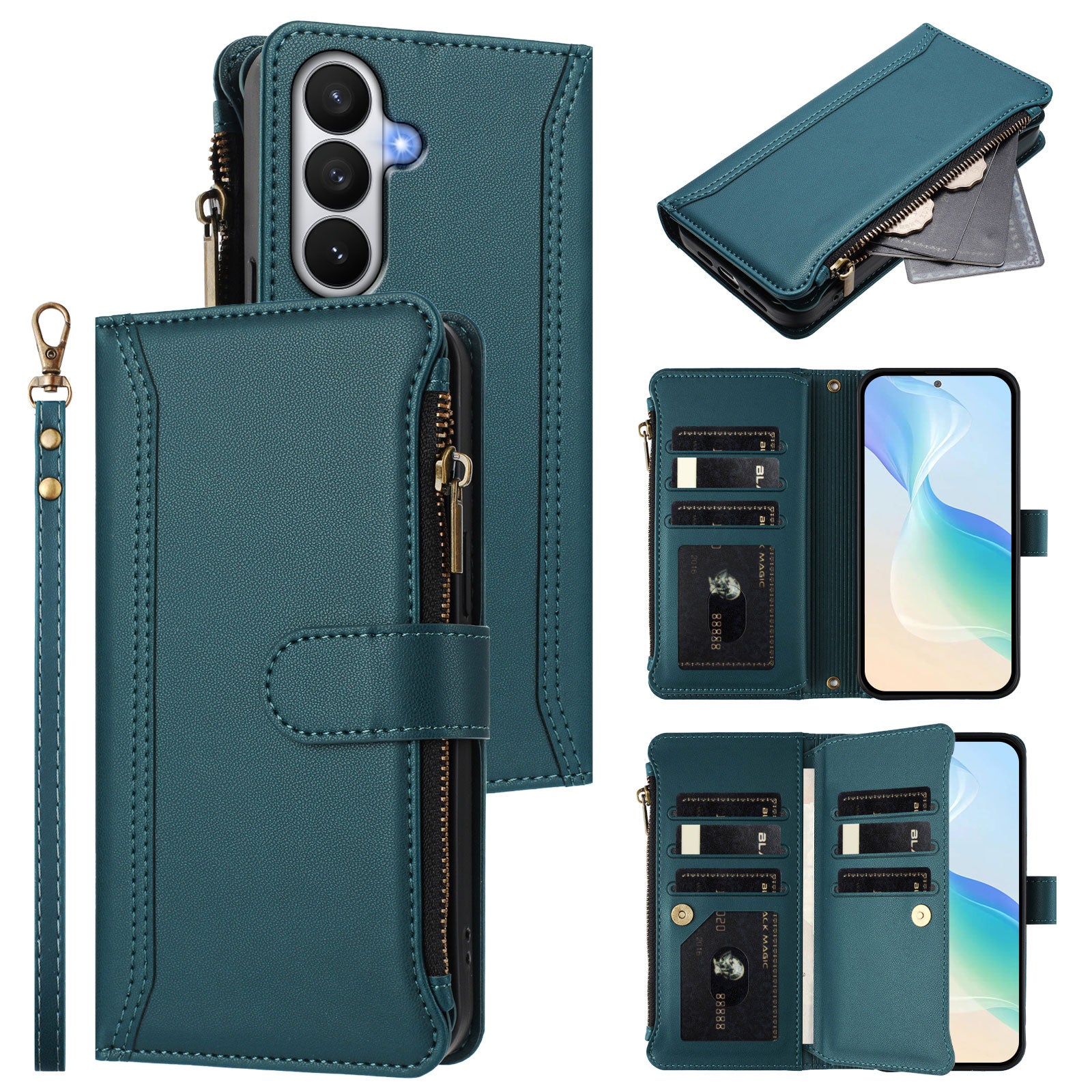 For-Samsung-Galaxy-S26-/-S26-Pro-Leather-Case-9-Card-Slots-Zipper-Wallet-Stand-Phone-Cover-with-Wrist-Strap-Dark-Green