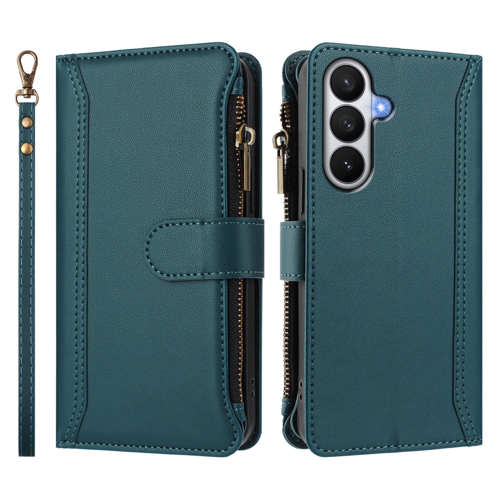 For-Samsung-Galaxy-S26-/-S26-Pro-Leather-Case-9-Card-Slots-Zipper-Wallet-Stand-Phone-Cover-with-Wrist-Strap-Dark-Green