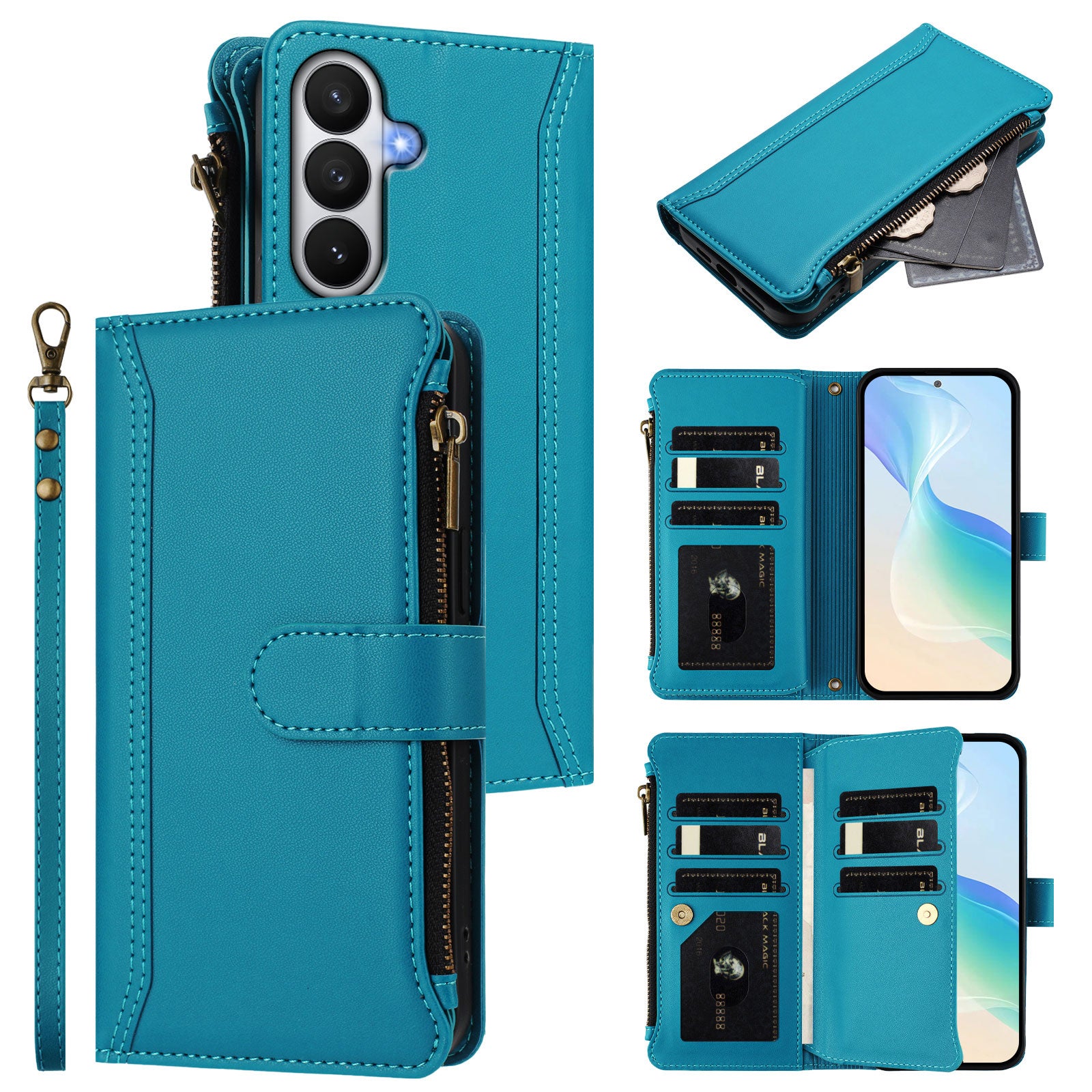 For-Samsung-Galaxy-S26-/-S26-Pro-Leather-Case-9-Card-Slots-Zipper-Wallet-Stand-Phone-Cover-with-Wrist-Strap-Lake-Blue
