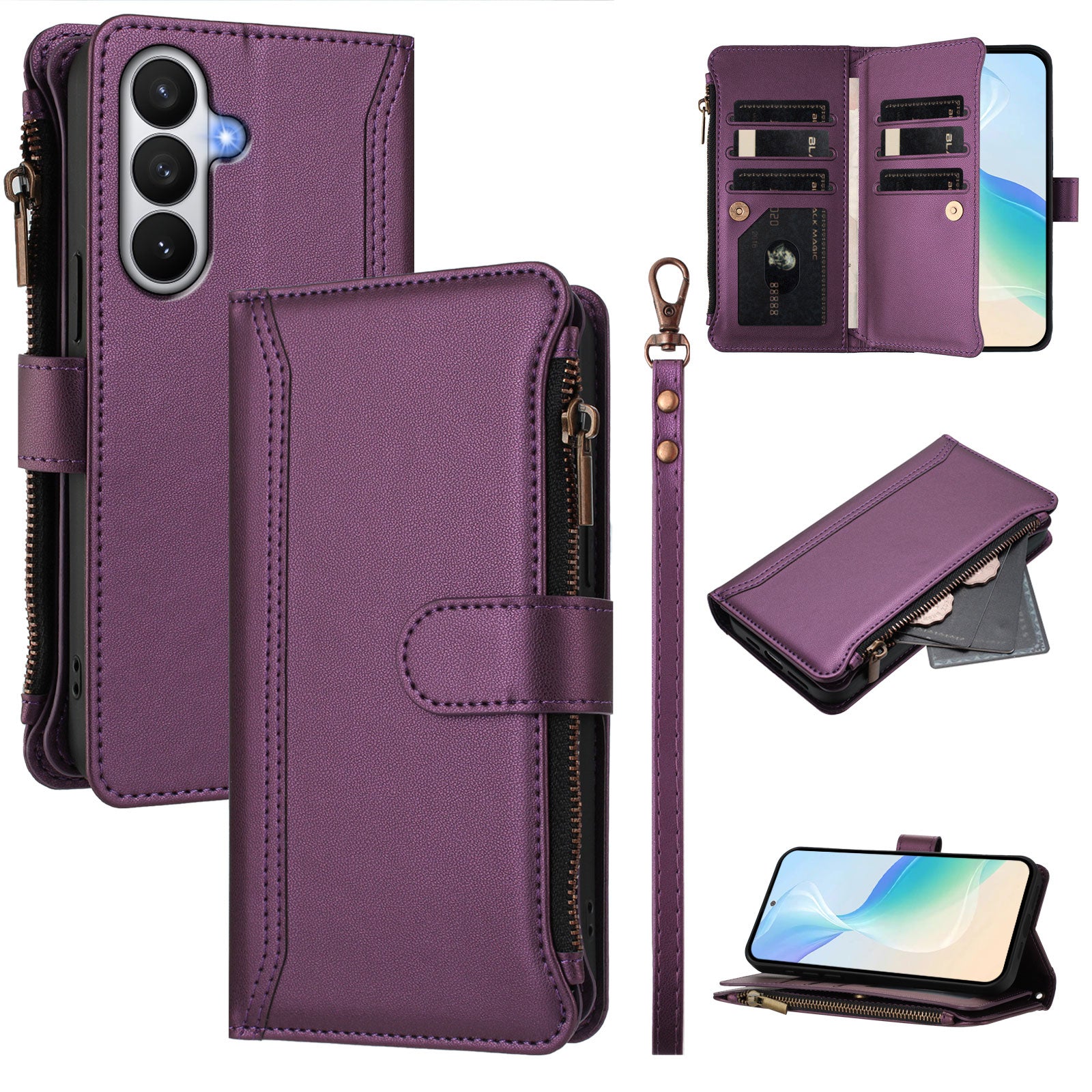 For-Samsung-Galaxy-S26-/-S26-Pro-Leather-Case-9-Card-Slots-Zipper-Wallet-Stand-Phone-Cover-with-Wrist-Strap-Purple