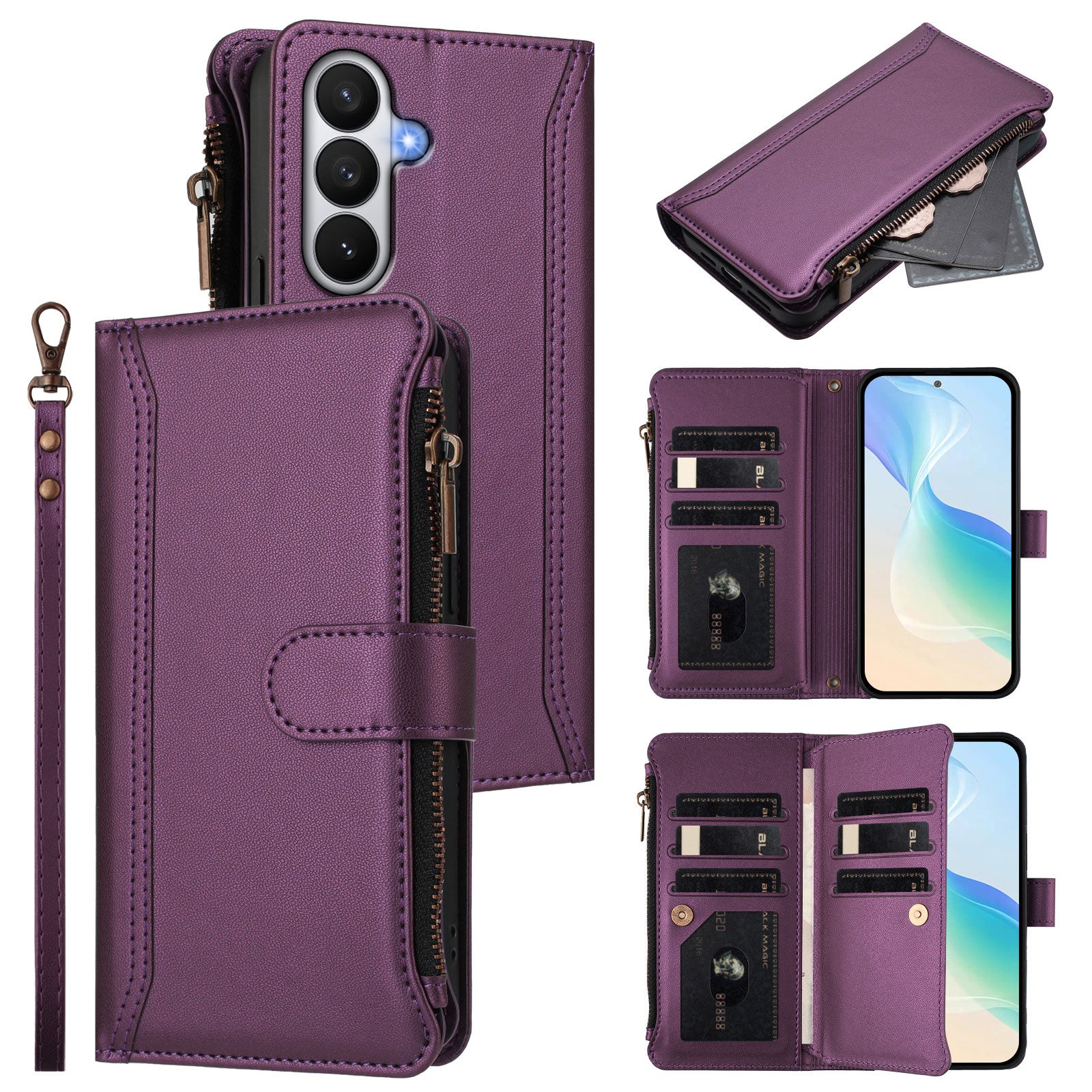 For-Samsung-Galaxy-S26-/-S26-Pro-Leather-Case-9-Card-Slots-Zipper-Wallet-Stand-Phone-Cover-with-Wrist-Strap-Purple