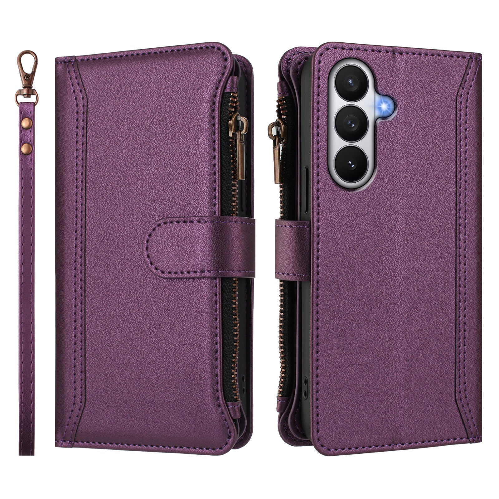 For-Samsung-Galaxy-S26-/-S26-Pro-Leather-Case-9-Card-Slots-Zipper-Wallet-Stand-Phone-Cover-with-Wrist-Strap-Purple
