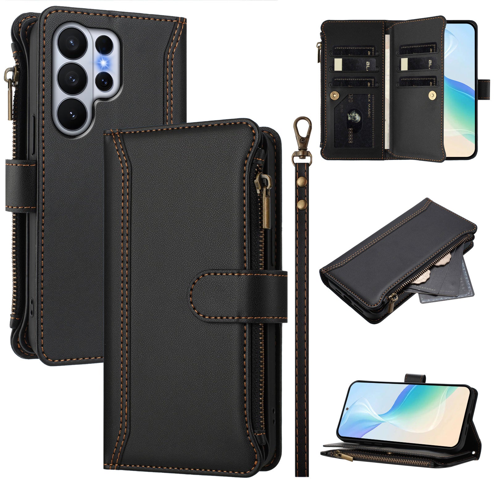 For-Samsung-Galaxy-S26-Ultra-Leather-Case-9-Card-Slots-Zipper-Wallet-Stand-Phone-Cover-with-Wrist-Strap-Black