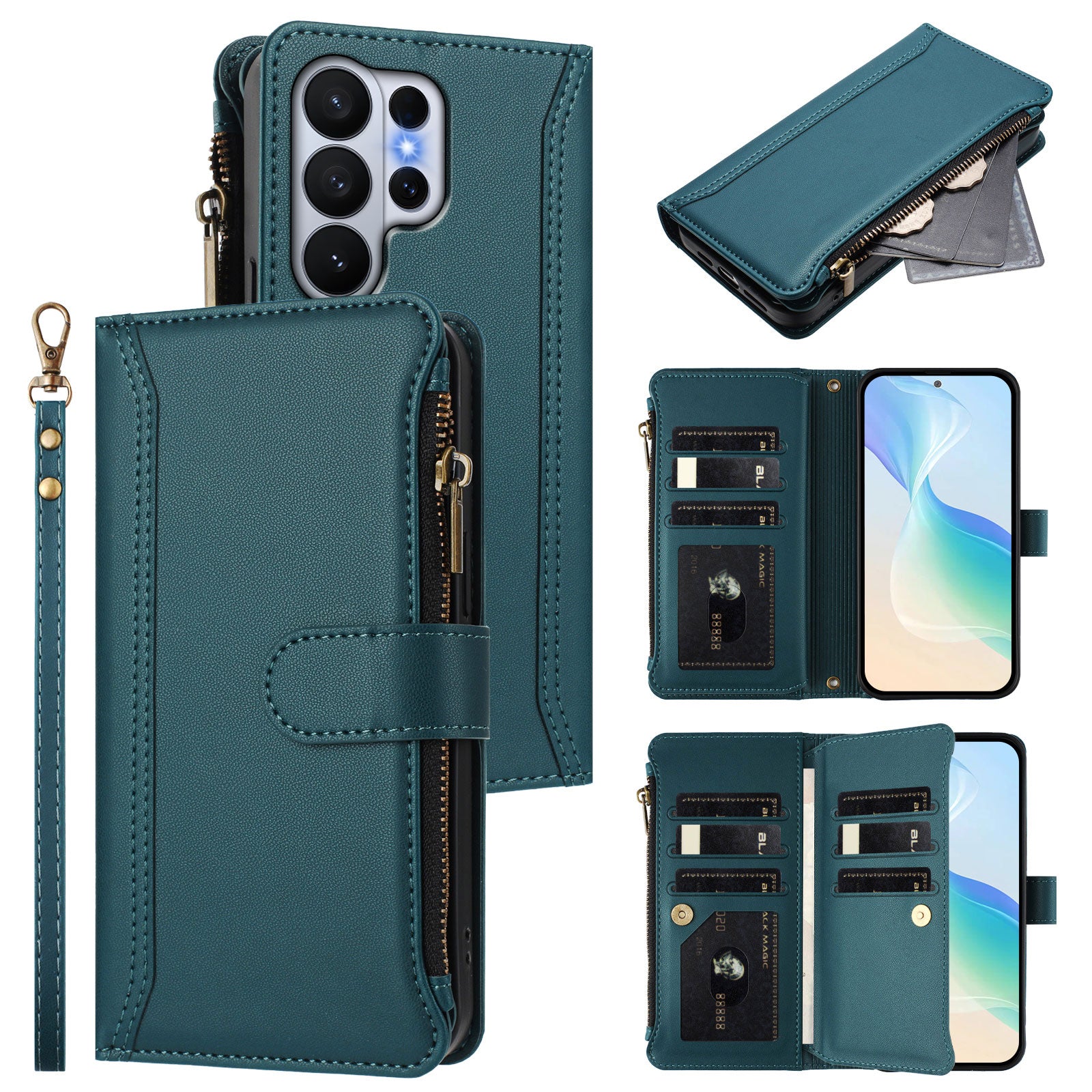 For-Samsung-Galaxy-S26-Ultra-Leather-Case-9-Card-Slots-Zipper-Wallet-Stand-Phone-Cover-with-Wrist-Strap-Dark-Green