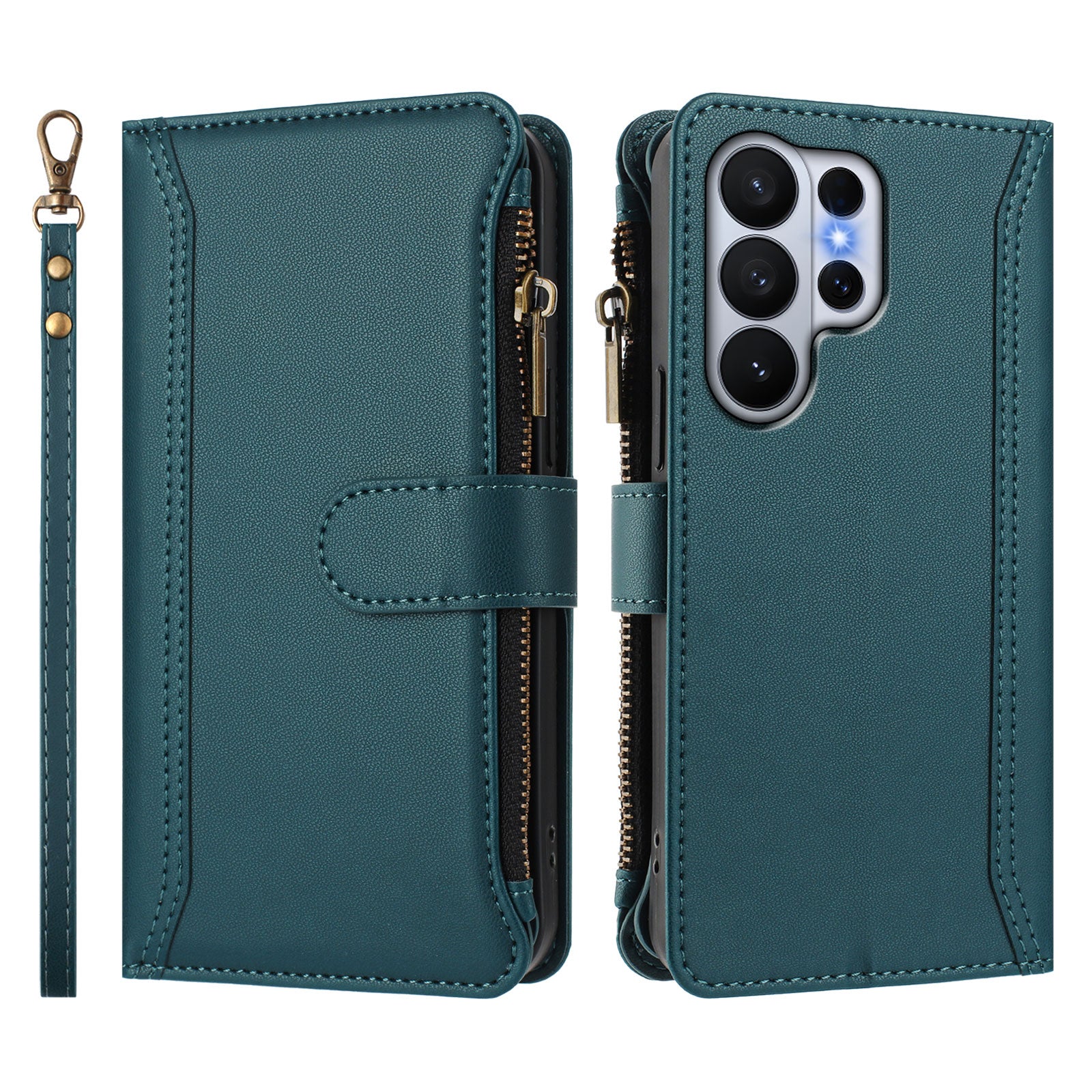 For-Samsung-Galaxy-S26-Ultra-Leather-Case-9-Card-Slots-Zipper-Wallet-Stand-Phone-Cover-with-Wrist-Strap-Dark-Green
