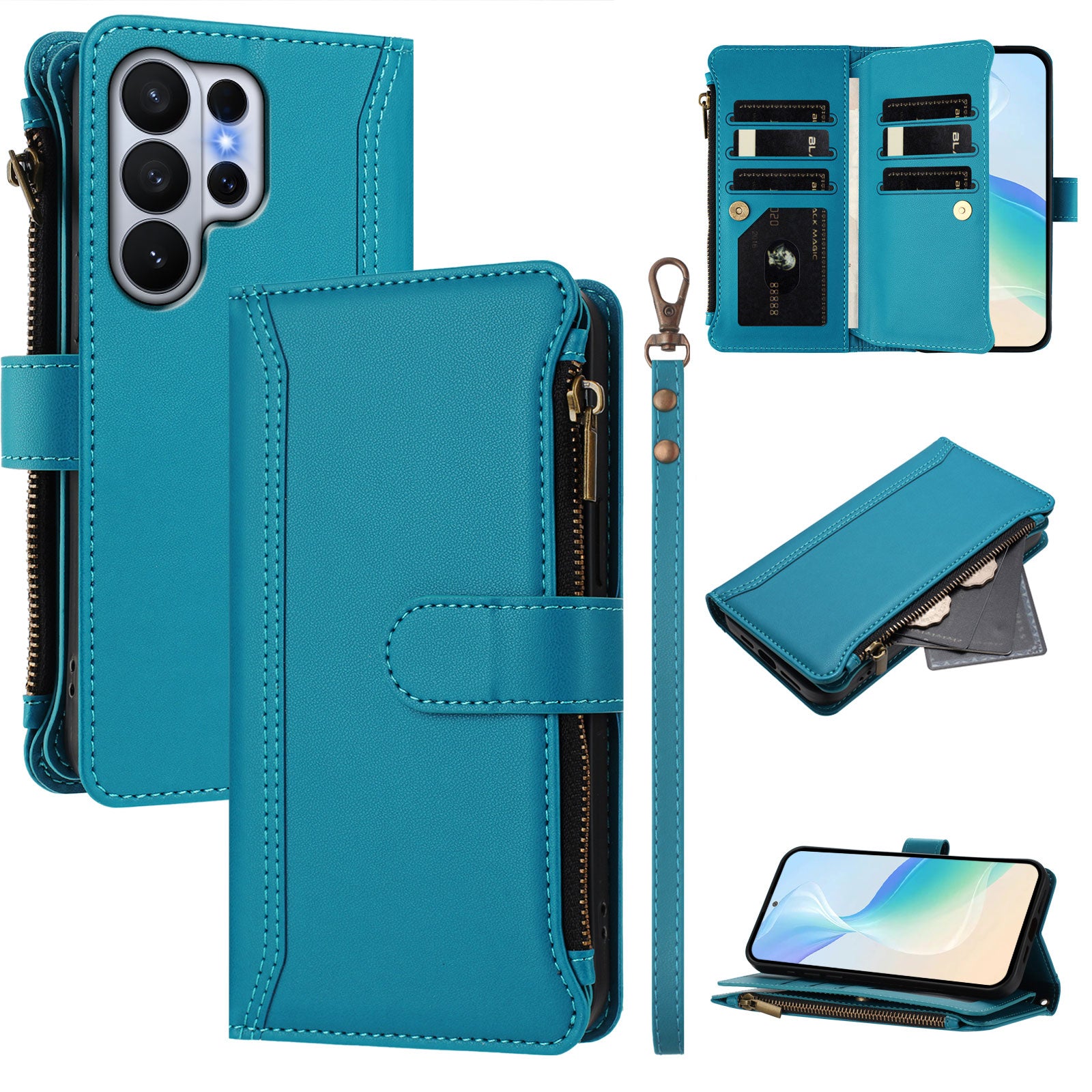 For-Samsung-Galaxy-S26-Ultra-Leather-Case-9-Card-Slots-Zipper-Wallet-Stand-Phone-Cover-with-Wrist-Strap-Lake-Blue