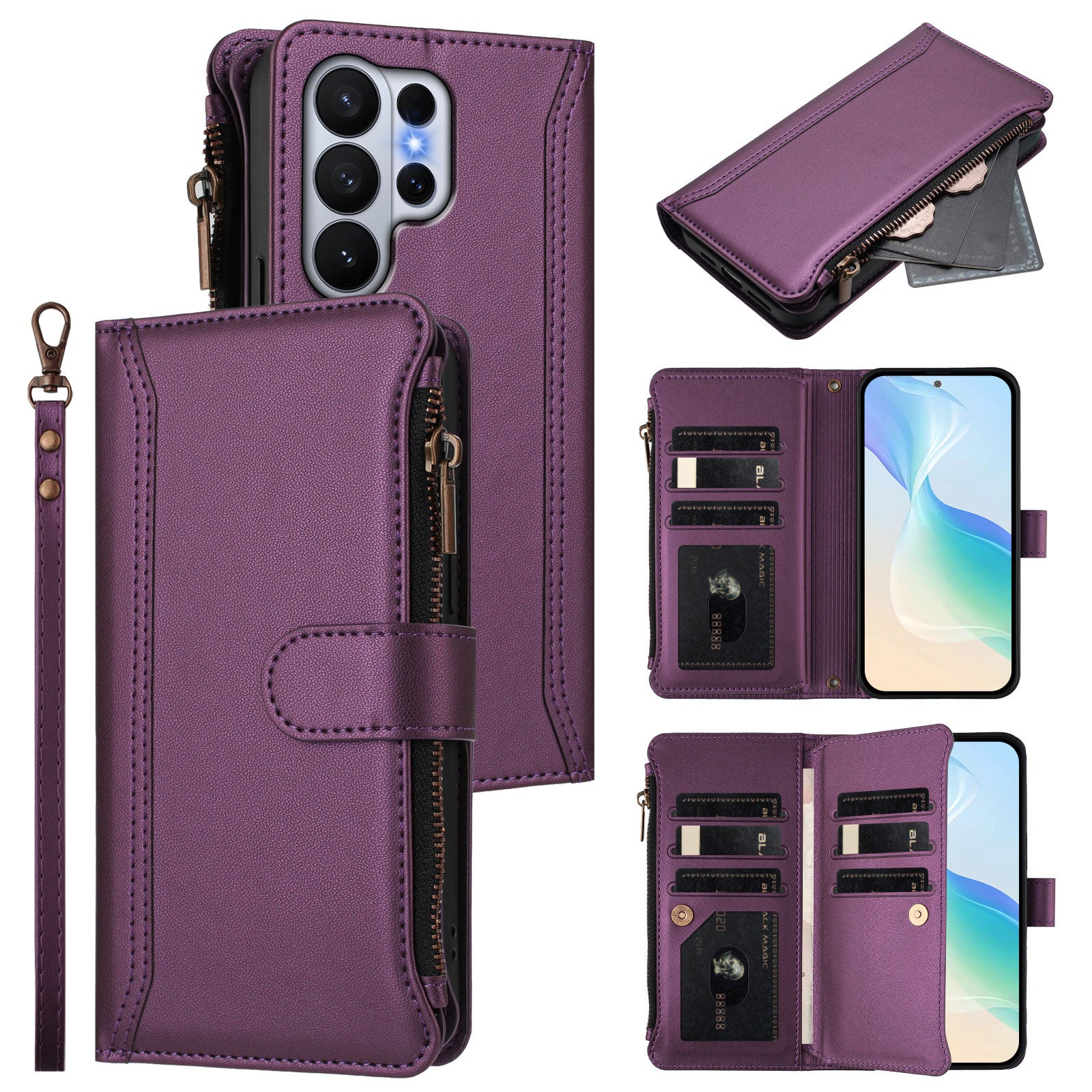 For-Samsung-Galaxy-S26-Ultra-Leather-Case-9-Card-Slots-Zipper-Wallet-Stand-Phone-Cover-with-Wrist-Strap-Purple