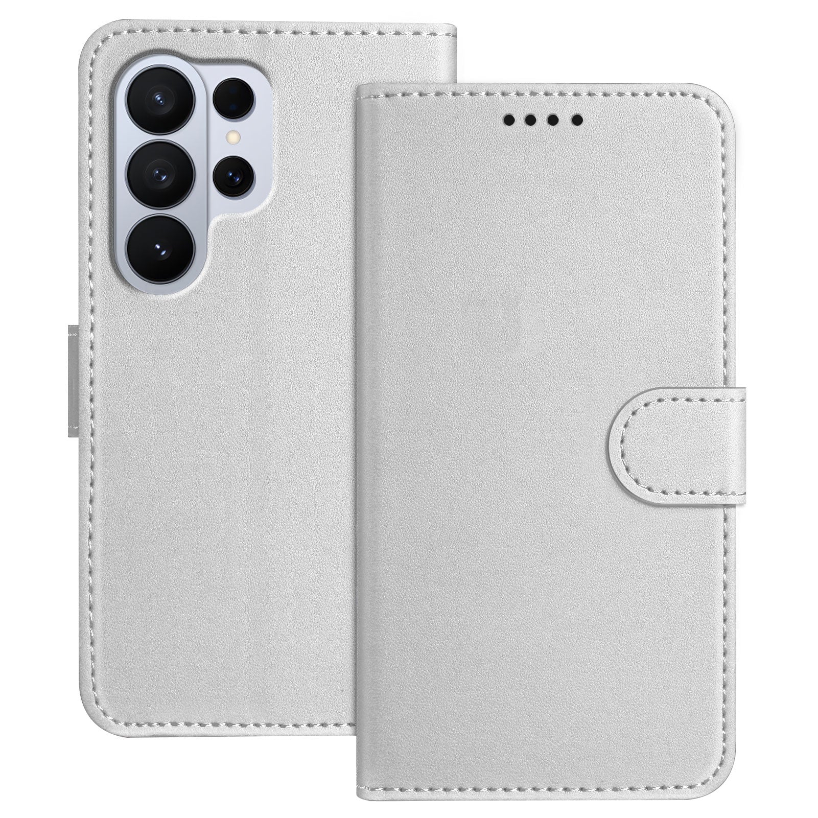 For-Samsung-Galaxy-S26-Ultra-Leather-Case-Wallet-Stand-Solid-Color-Anti-Drop-Phone-Cover-Silver
