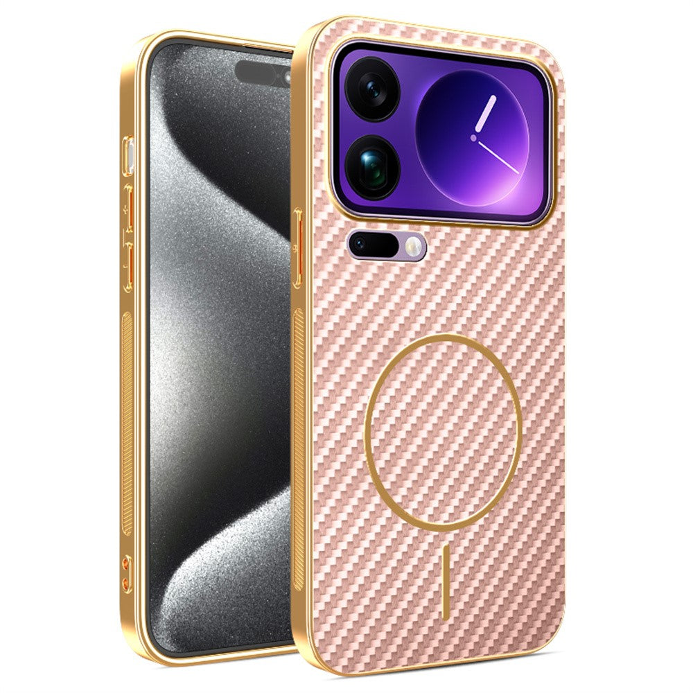 For Xiaomi 17 Pro Max Phone Case Carbon Fiber Textured Electroplated TPU Back Cover - Pink