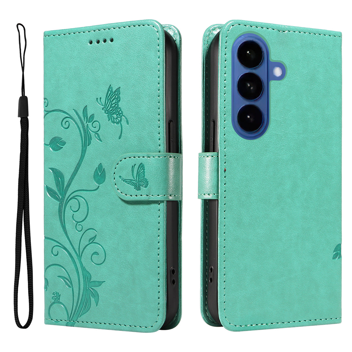 For-Samsung-Galaxy-S26-/-S26-Pro-PU-Leather-Cases-Flower-Pattern-Wallet-Stand-Phone-Cover-with-Strap-Green