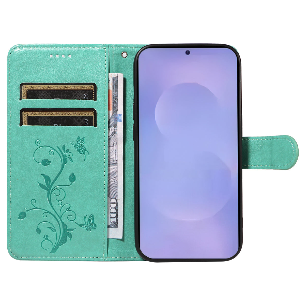 For-Samsung-Galaxy-S26-/-S26-Pro-PU-Leather-Cases-Flower-Pattern-Wallet-Stand-Phone-Cover-with-Strap-Green