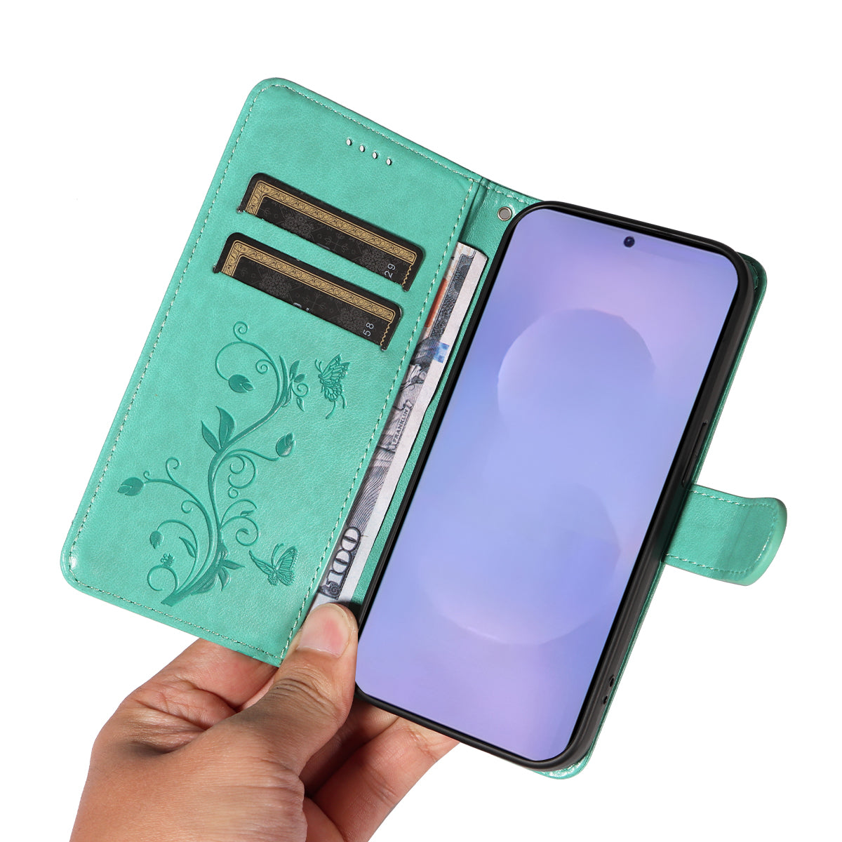 For-Samsung-Galaxy-S26-/-S26-Pro-PU-Leather-Cases-Flower-Pattern-Wallet-Stand-Phone-Cover-with-Strap-Green
