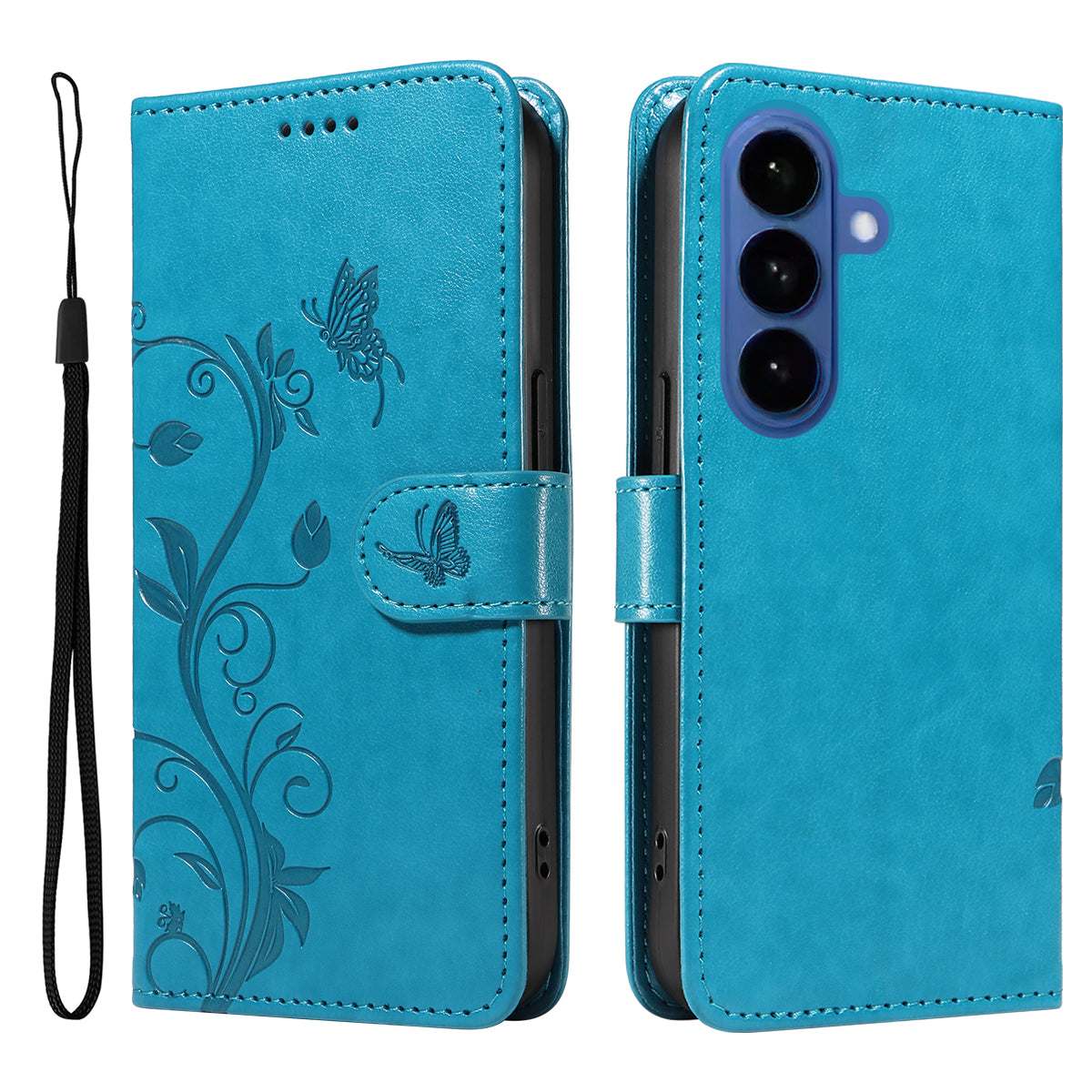 For-Samsung-Galaxy-S26-/-S26-Pro-PU-Leather-Cases-Flower-Pattern-Wallet-Stand-Phone-Cover-with-Strap-Blue