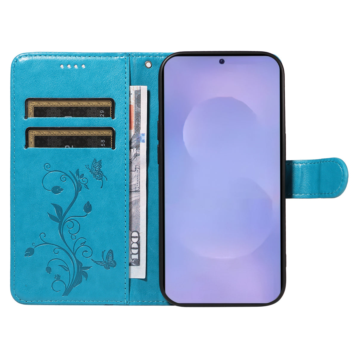 For-Samsung-Galaxy-S26-/-S26-Pro-PU-Leather-Cases-Flower-Pattern-Wallet-Stand-Phone-Cover-with-Strap-Blue