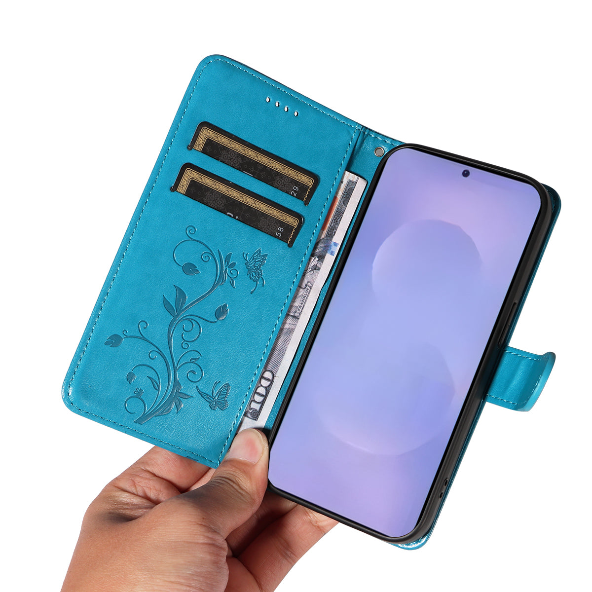 For-Samsung-Galaxy-S26-/-S26-Pro-PU-Leather-Cases-Flower-Pattern-Wallet-Stand-Phone-Cover-with-Strap-Blue