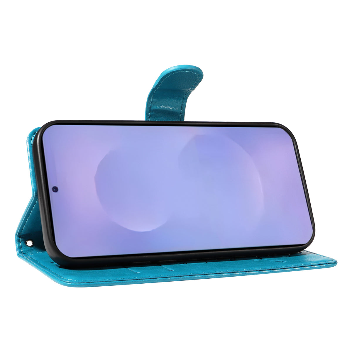 For-Samsung-Galaxy-S26-/-S26-Pro-PU-Leather-Cases-Flower-Pattern-Wallet-Stand-Phone-Cover-with-Strap-Blue