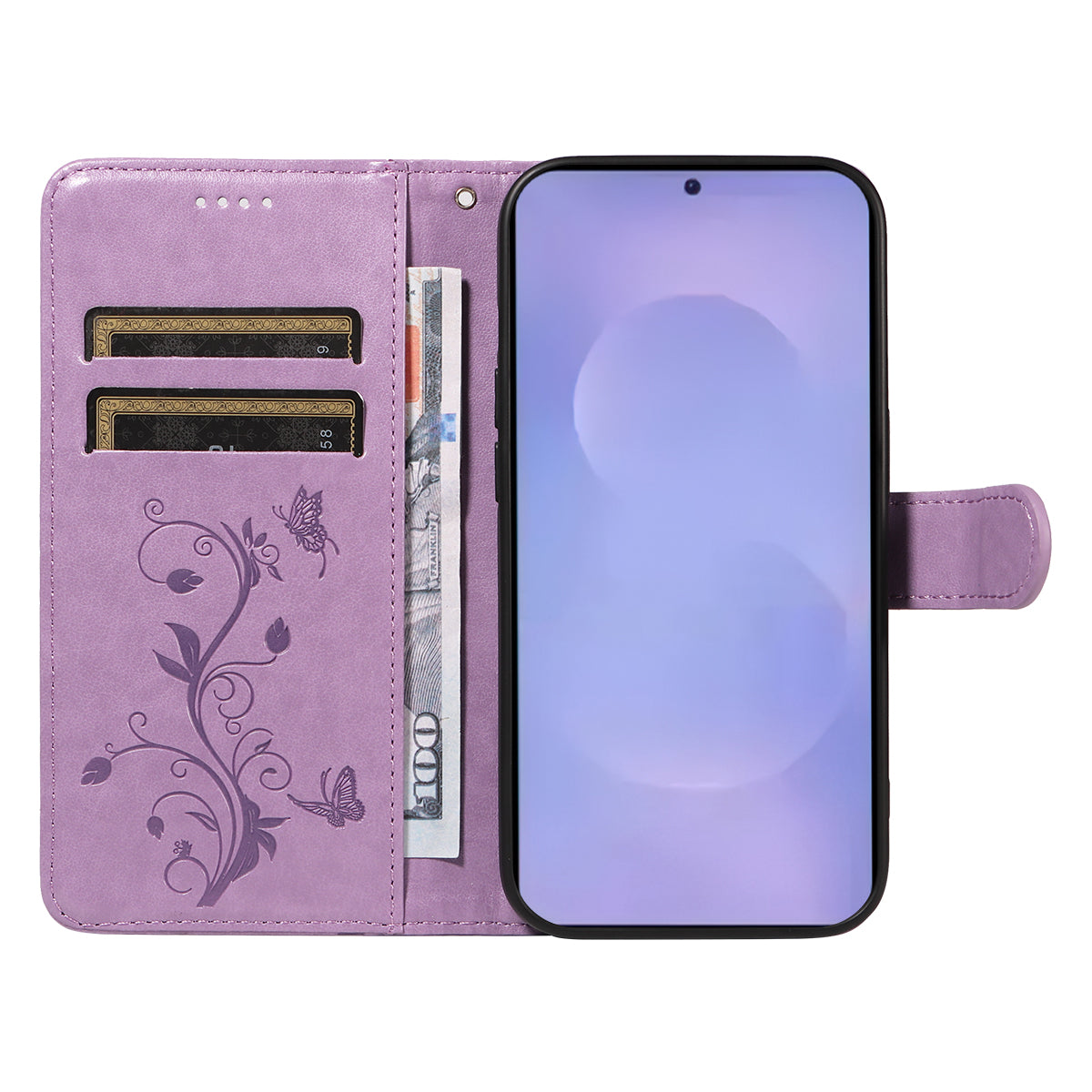 For-Samsung-Galaxy-S26-/-S26-Pro-PU-Leather-Cases-Flower-Pattern-Wallet-Stand-Phone-Cover-with-Strap-Light-Purple