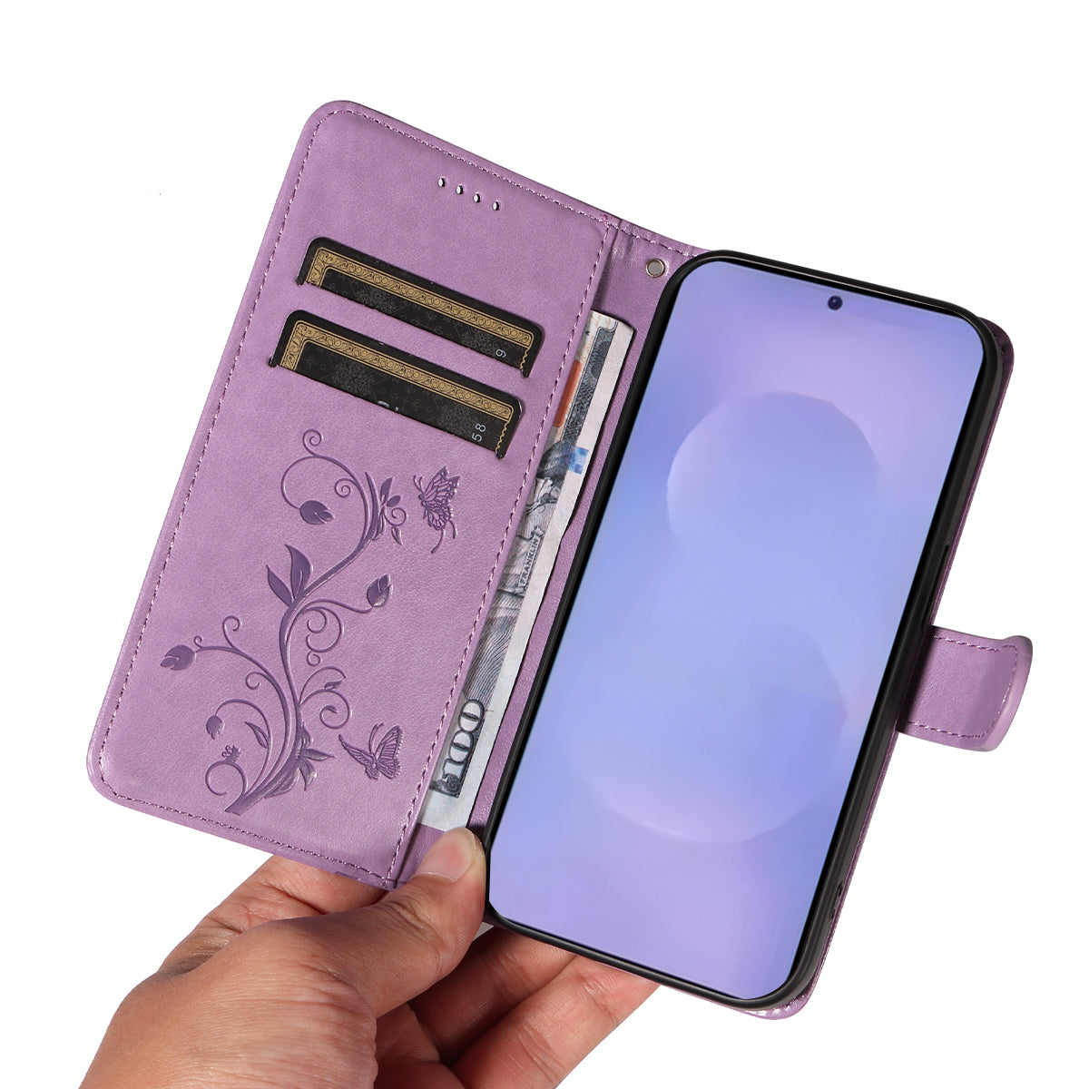 For-Samsung-Galaxy-S26-/-S26-Pro-PU-Leather-Cases-Flower-Pattern-Wallet-Stand-Phone-Cover-with-Strap-Light-Purple