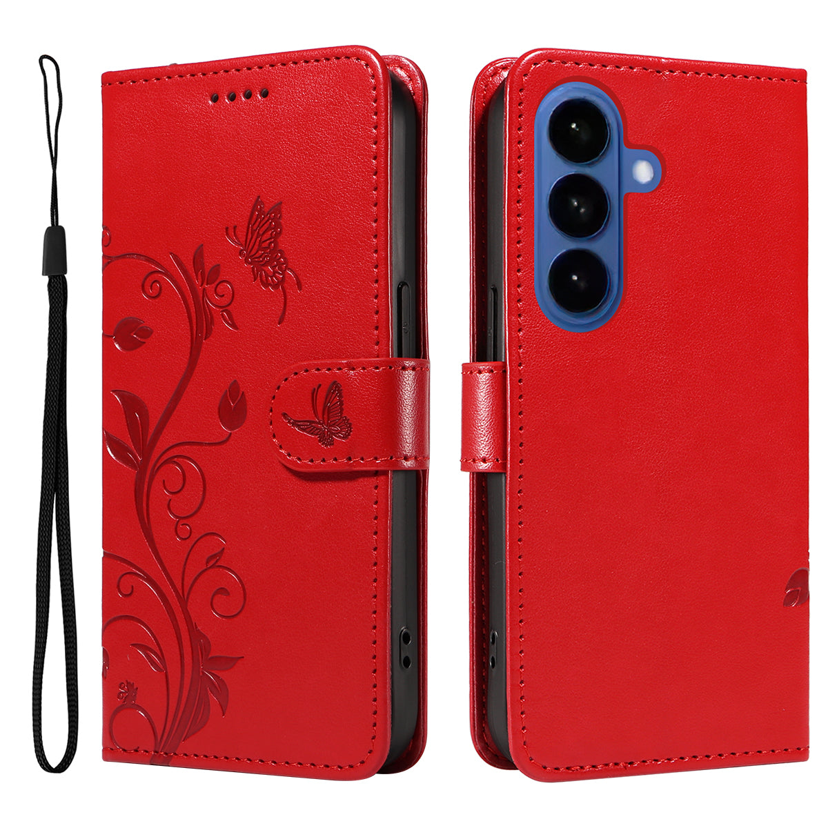 For-Samsung-Galaxy-S26-/-S26-Pro-PU-Leather-Cases-Flower-Pattern-Wallet-Stand-Phone-Cover-with-Strap-Red