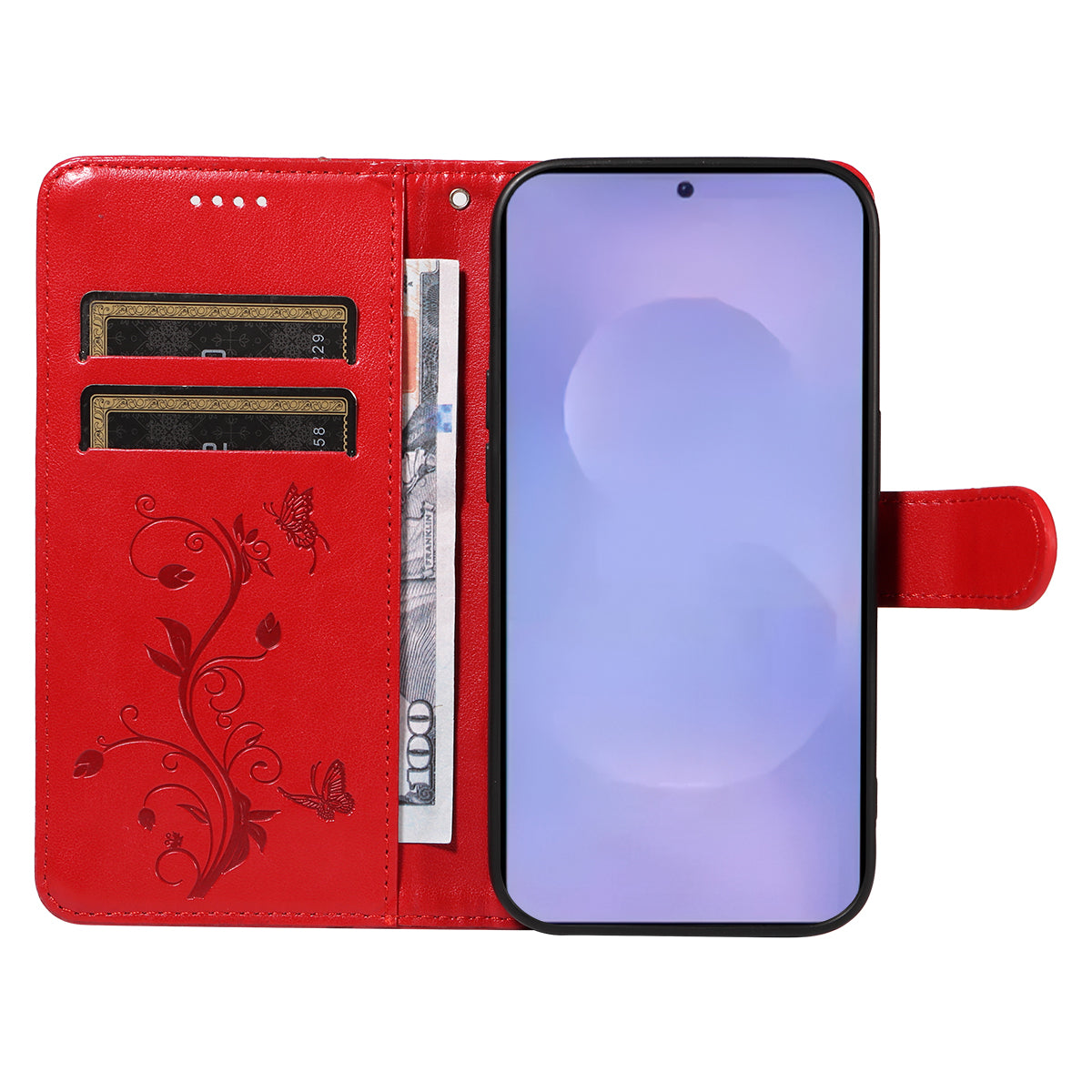 For-Samsung-Galaxy-S26-/-S26-Pro-PU-Leather-Cases-Flower-Pattern-Wallet-Stand-Phone-Cover-with-Strap-Red