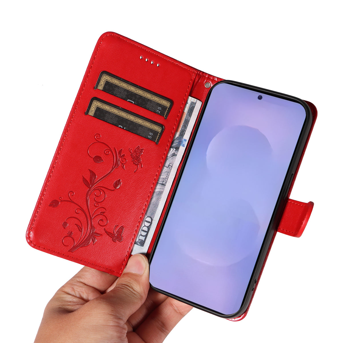 For-Samsung-Galaxy-S26-/-S26-Pro-PU-Leather-Cases-Flower-Pattern-Wallet-Stand-Phone-Cover-with-Strap-Red