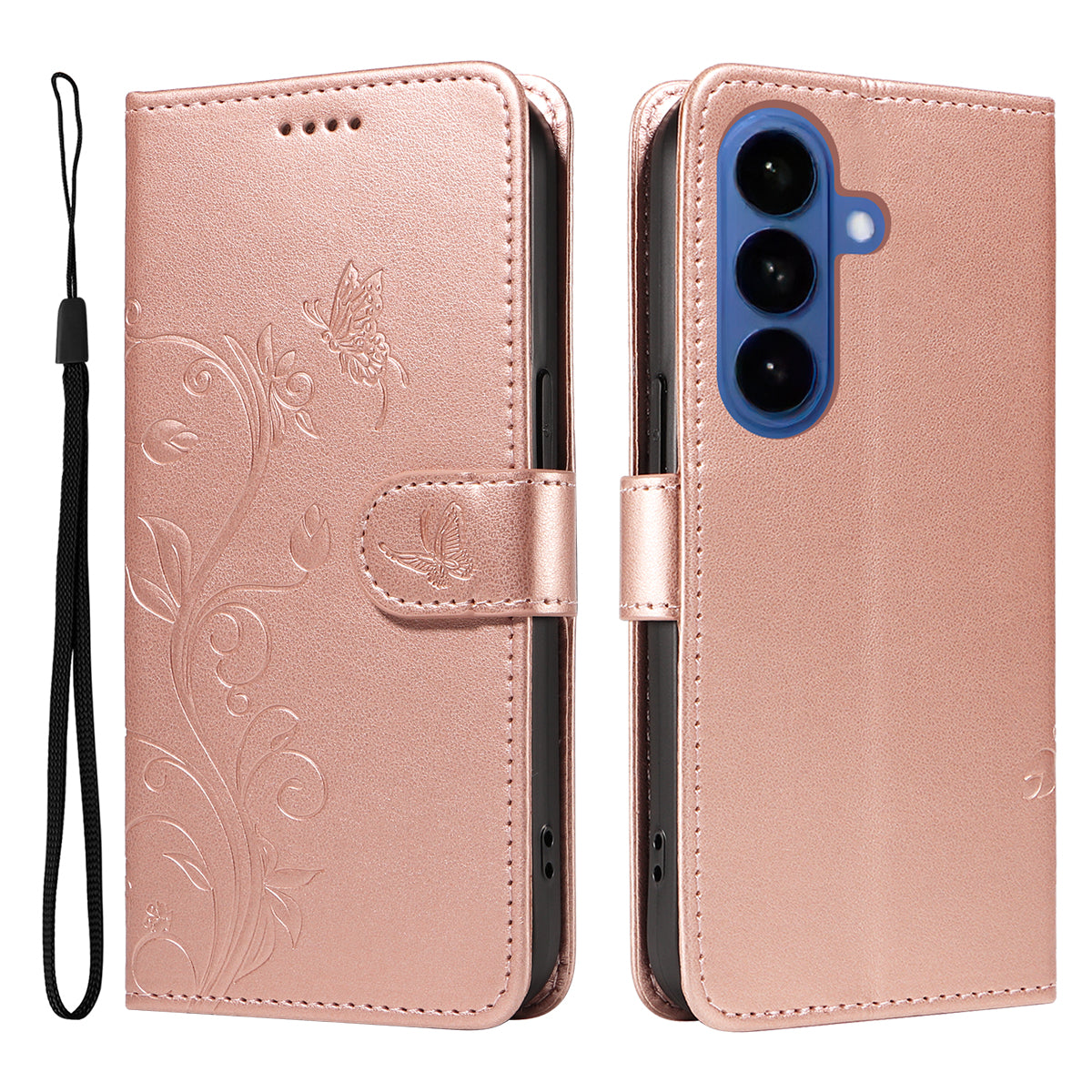 For-Samsung-Galaxy-S26-/-S26-Pro-PU-Leather-Cases-Flower-Pattern-Wallet-Stand-Phone-Cover-with-Strap-Rose-Gold