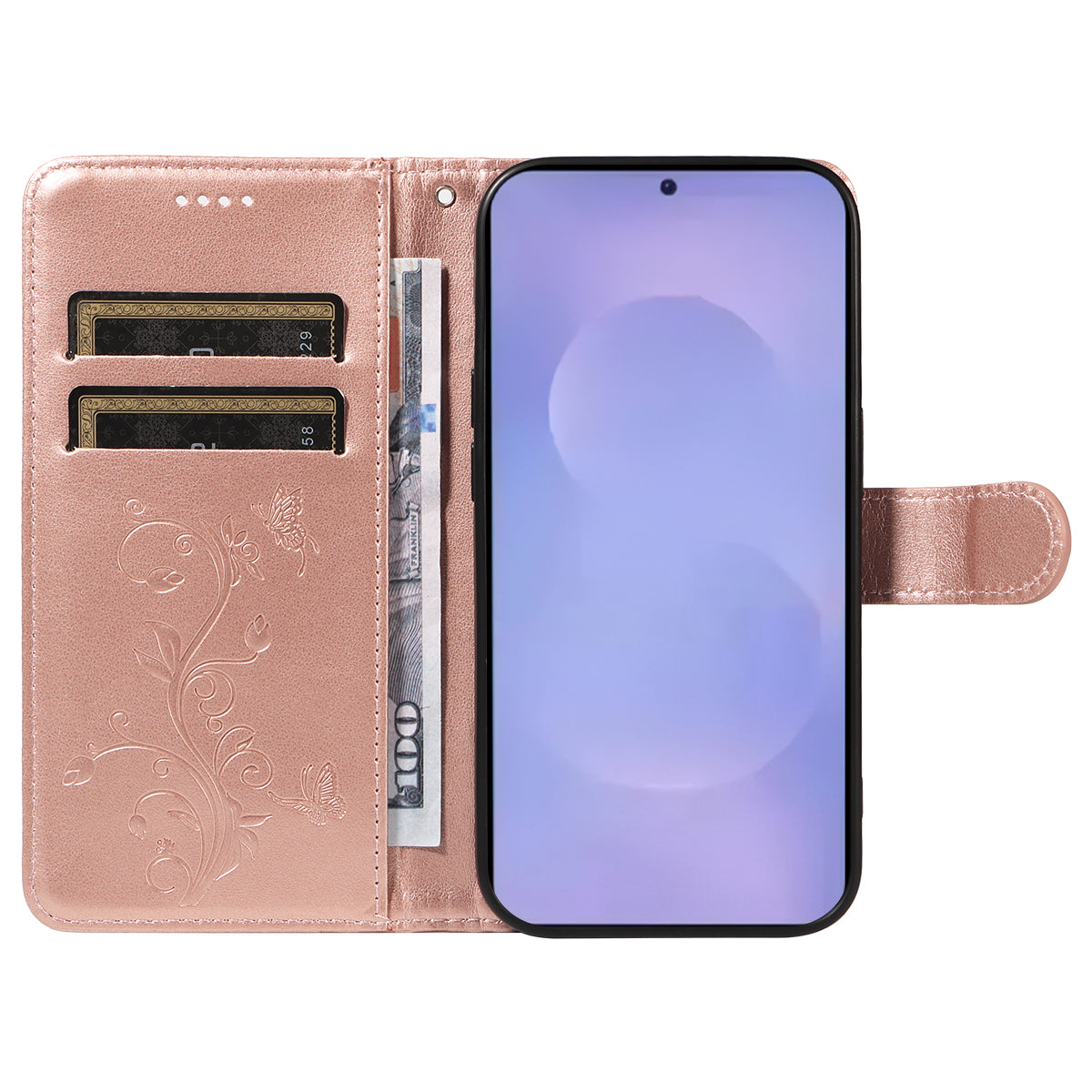 For-Samsung-Galaxy-S26-/-S26-Pro-PU-Leather-Cases-Flower-Pattern-Wallet-Stand-Phone-Cover-with-Strap-Rose-Gold
