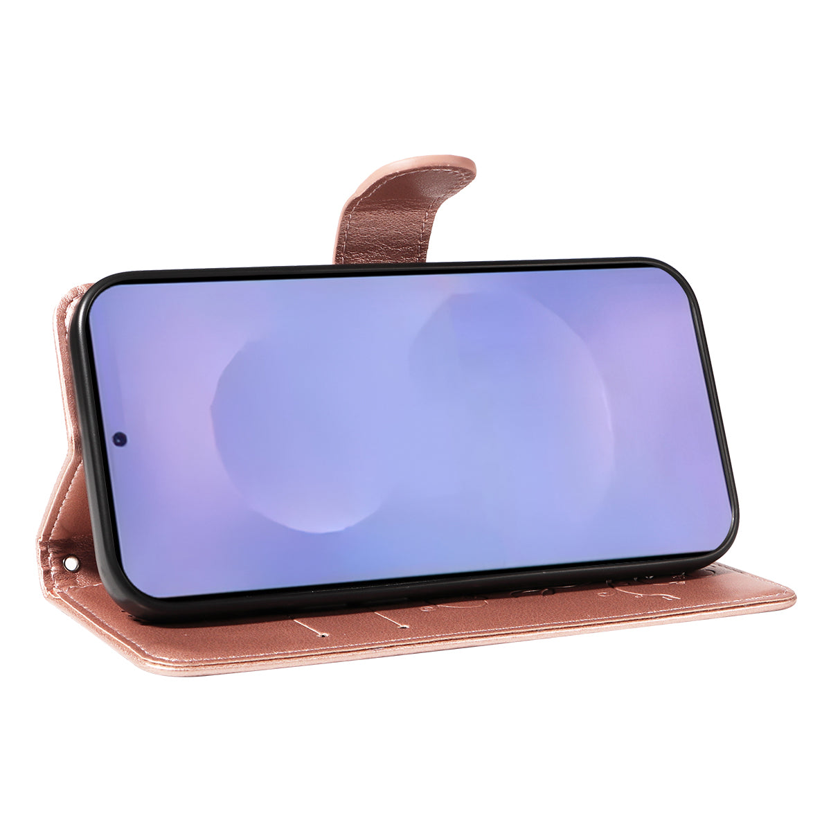 For-Samsung-Galaxy-S26-/-S26-Pro-PU-Leather-Cases-Flower-Pattern-Wallet-Stand-Phone-Cover-with-Strap-Rose-Gold