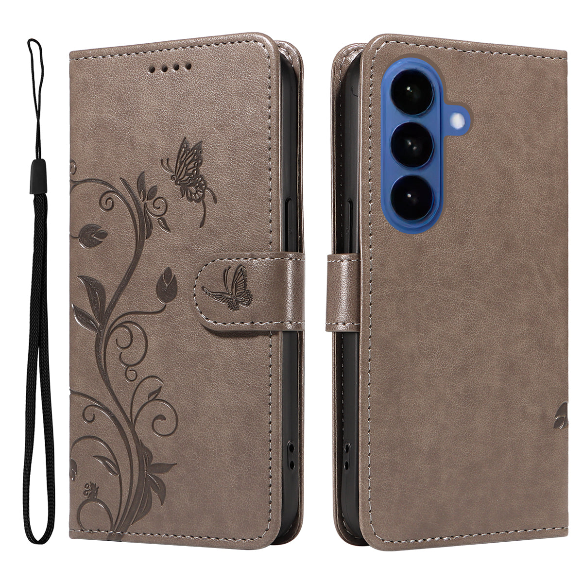 For-Samsung-Galaxy-S26-/-S26-Pro-PU-Leather-Cases-Flower-Pattern-Wallet-Stand-Phone-Cover-with-Strap-Grey