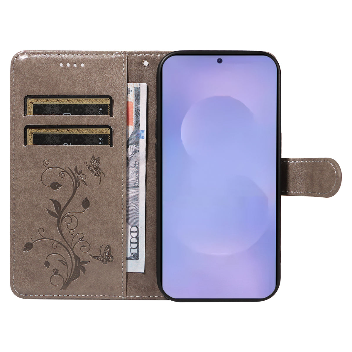 For-Samsung-Galaxy-S26-/-S26-Pro-PU-Leather-Cases-Flower-Pattern-Wallet-Stand-Phone-Cover-with-Strap-Grey