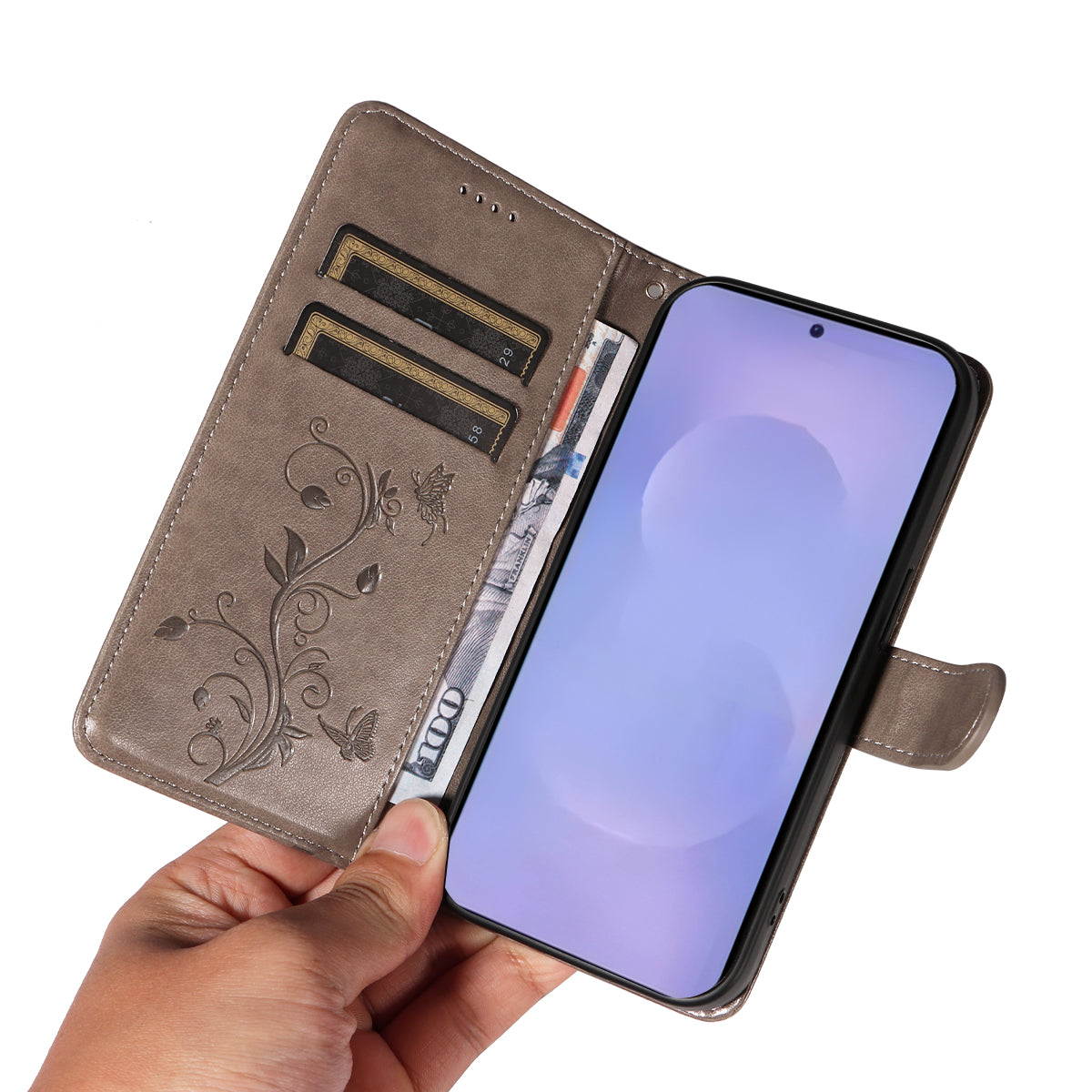 For-Samsung-Galaxy-S26-/-S26-Pro-PU-Leather-Cases-Flower-Pattern-Wallet-Stand-Phone-Cover-with-Strap-Grey