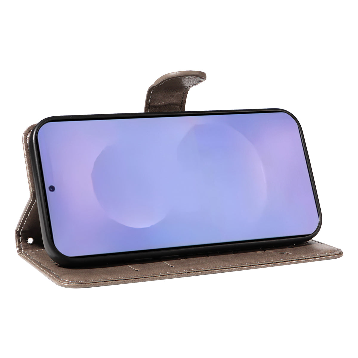 For-Samsung-Galaxy-S26-/-S26-Pro-PU-Leather-Cases-Flower-Pattern-Wallet-Stand-Phone-Cover-with-Strap-Grey