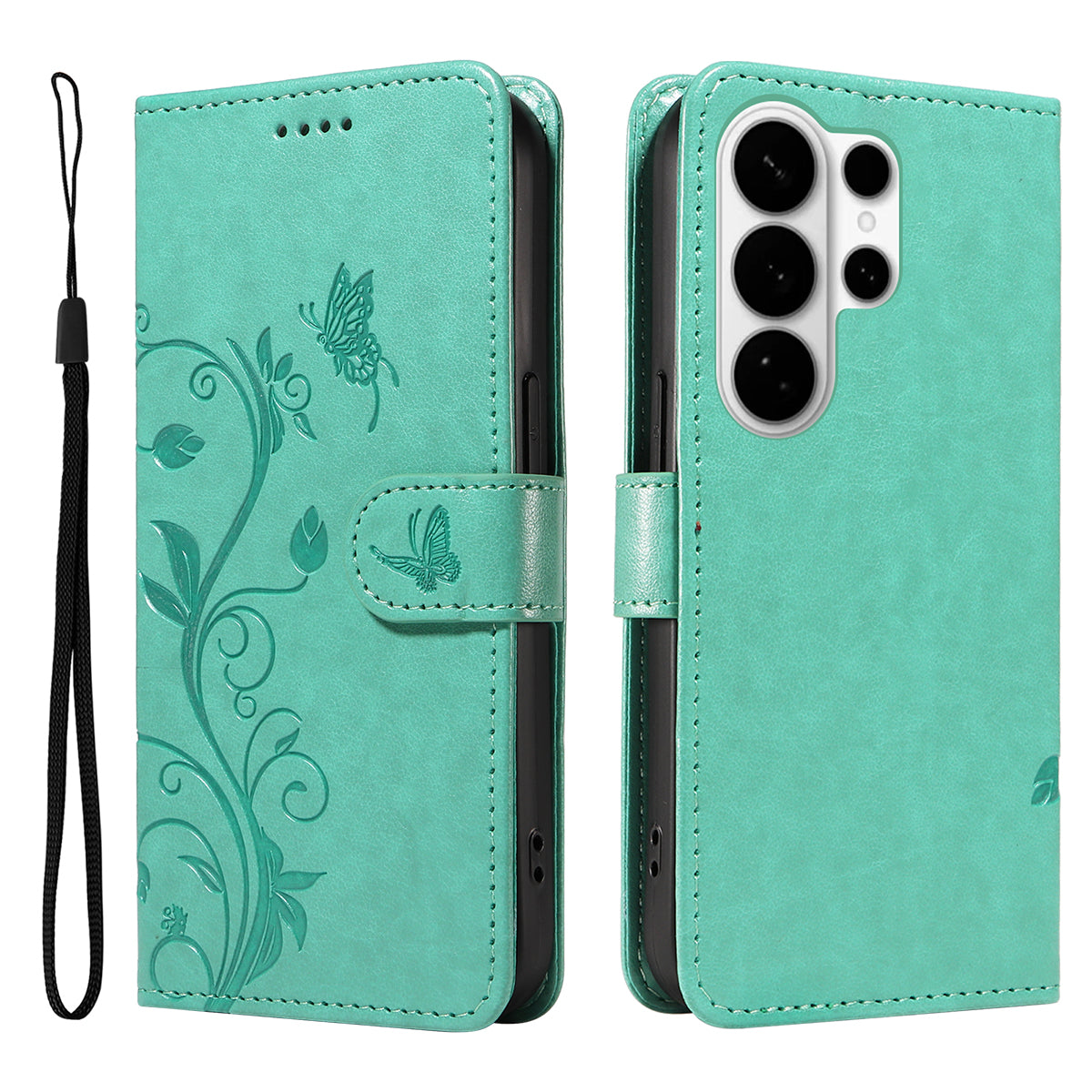 For-Samsung-Galaxy-S26-Ultra-PU-Leather-Cases-Flower-Pattern-Wallet-Stand-Phone-Cover-with-Strap-Green