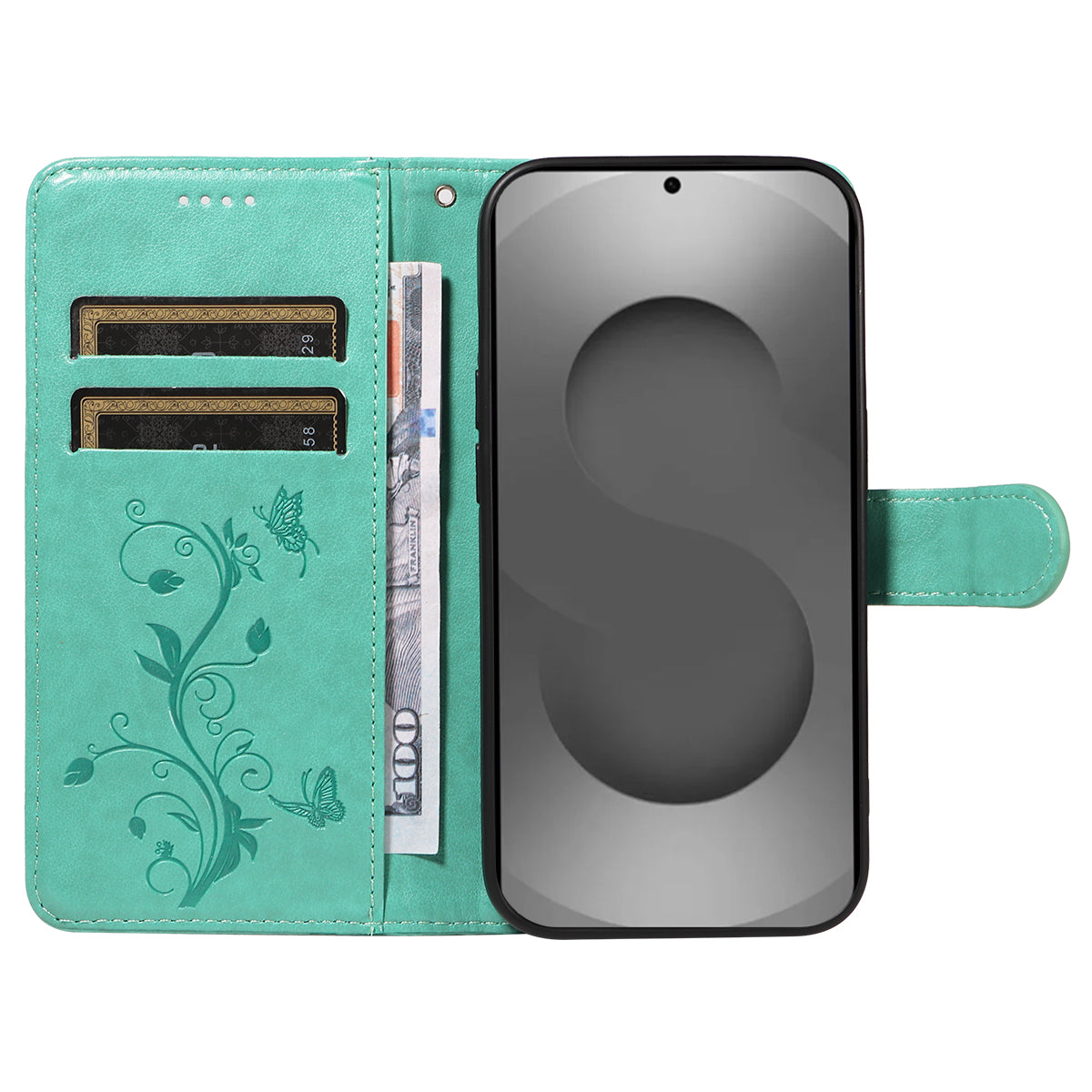 For-Samsung-Galaxy-S26-Ultra-PU-Leather-Cases-Flower-Pattern-Wallet-Stand-Phone-Cover-with-Strap-Green