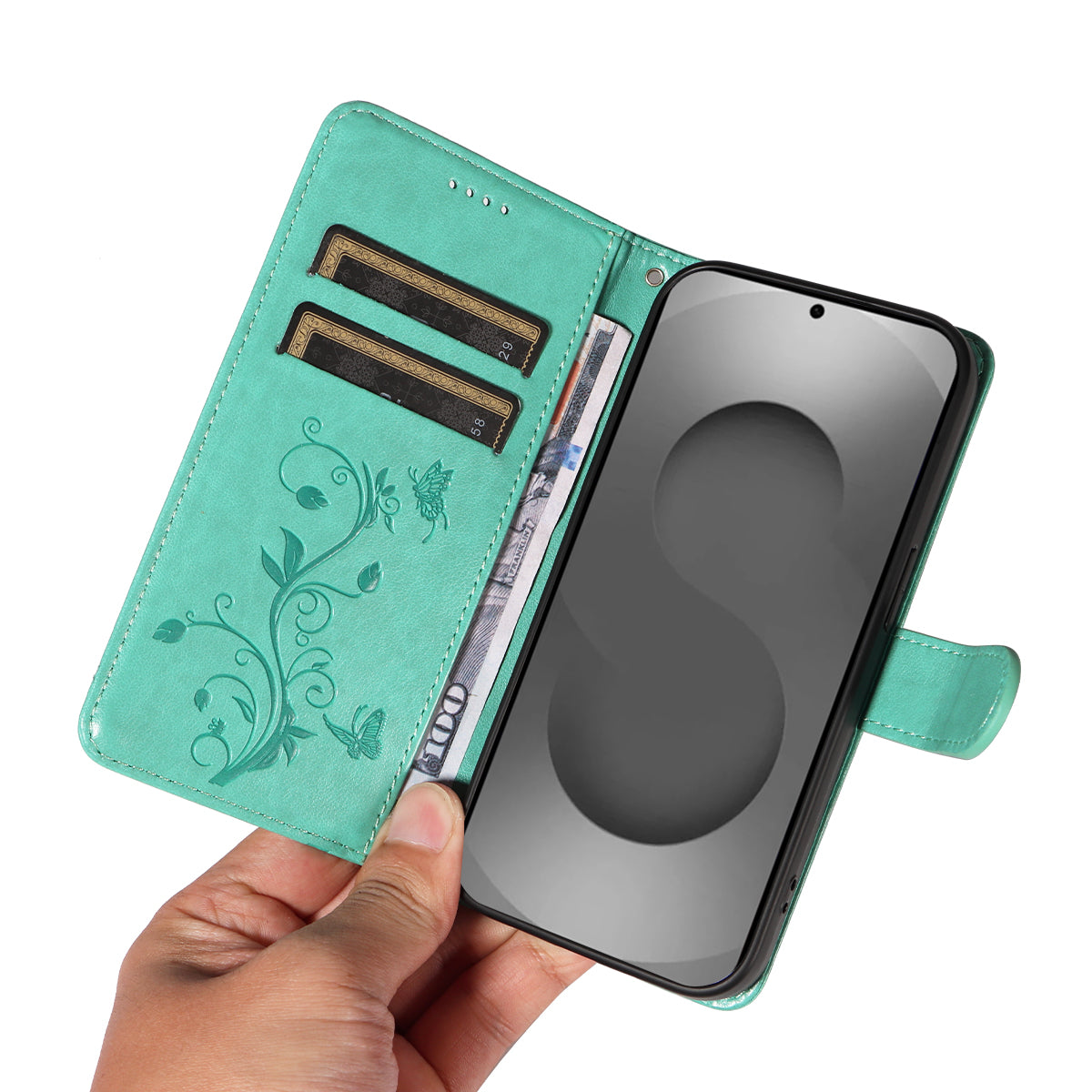 For-Samsung-Galaxy-S26-Ultra-PU-Leather-Cases-Flower-Pattern-Wallet-Stand-Phone-Cover-with-Strap-Green