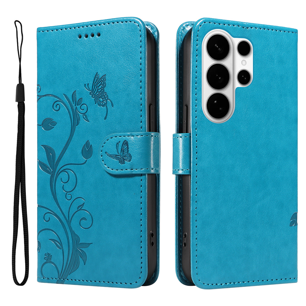 For-Samsung-Galaxy-S26-Ultra-PU-Leather-Cases-Flower-Pattern-Wallet-Stand-Phone-Cover-with-Strap-Blue