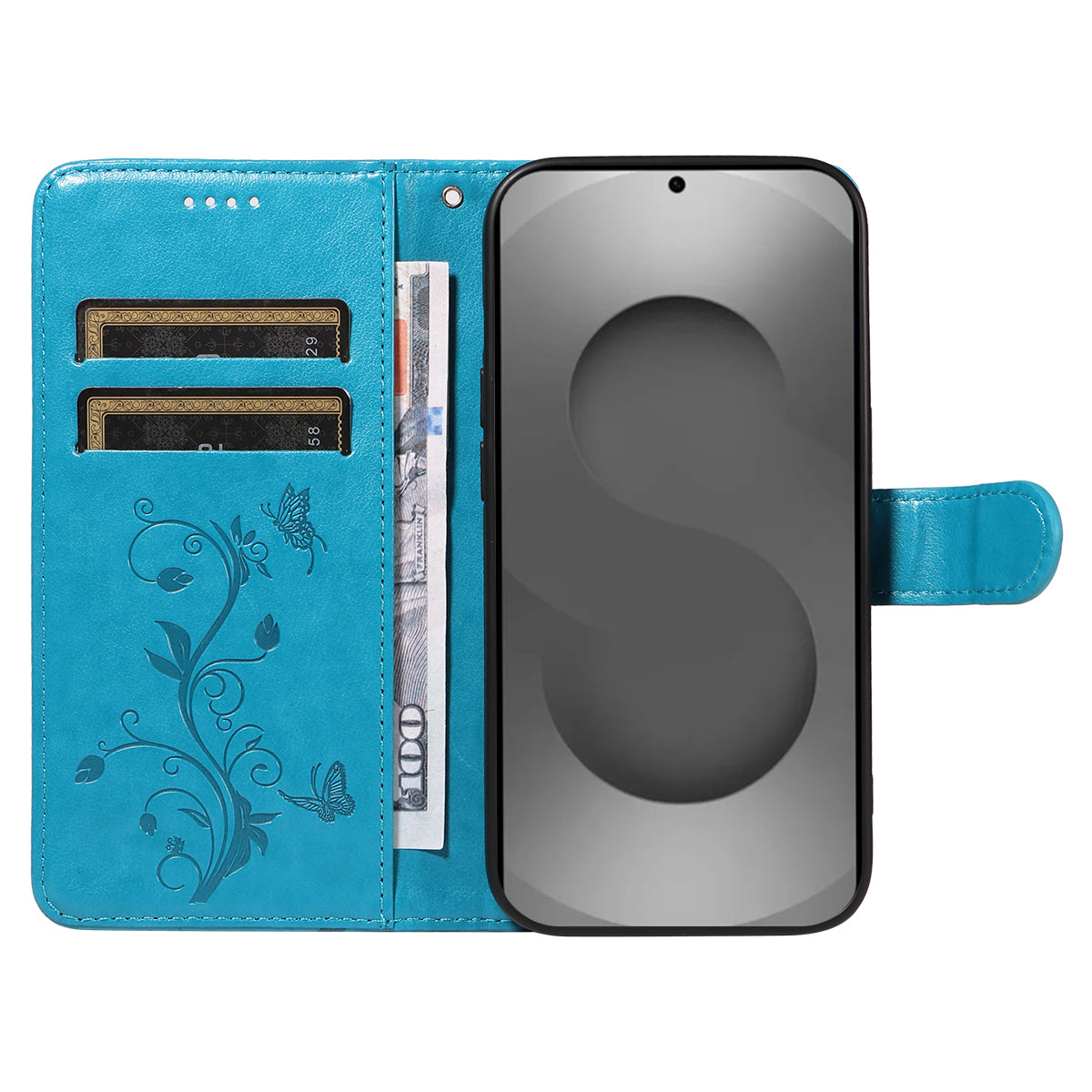 For-Samsung-Galaxy-S26-Ultra-PU-Leather-Cases-Flower-Pattern-Wallet-Stand-Phone-Cover-with-Strap-Blue