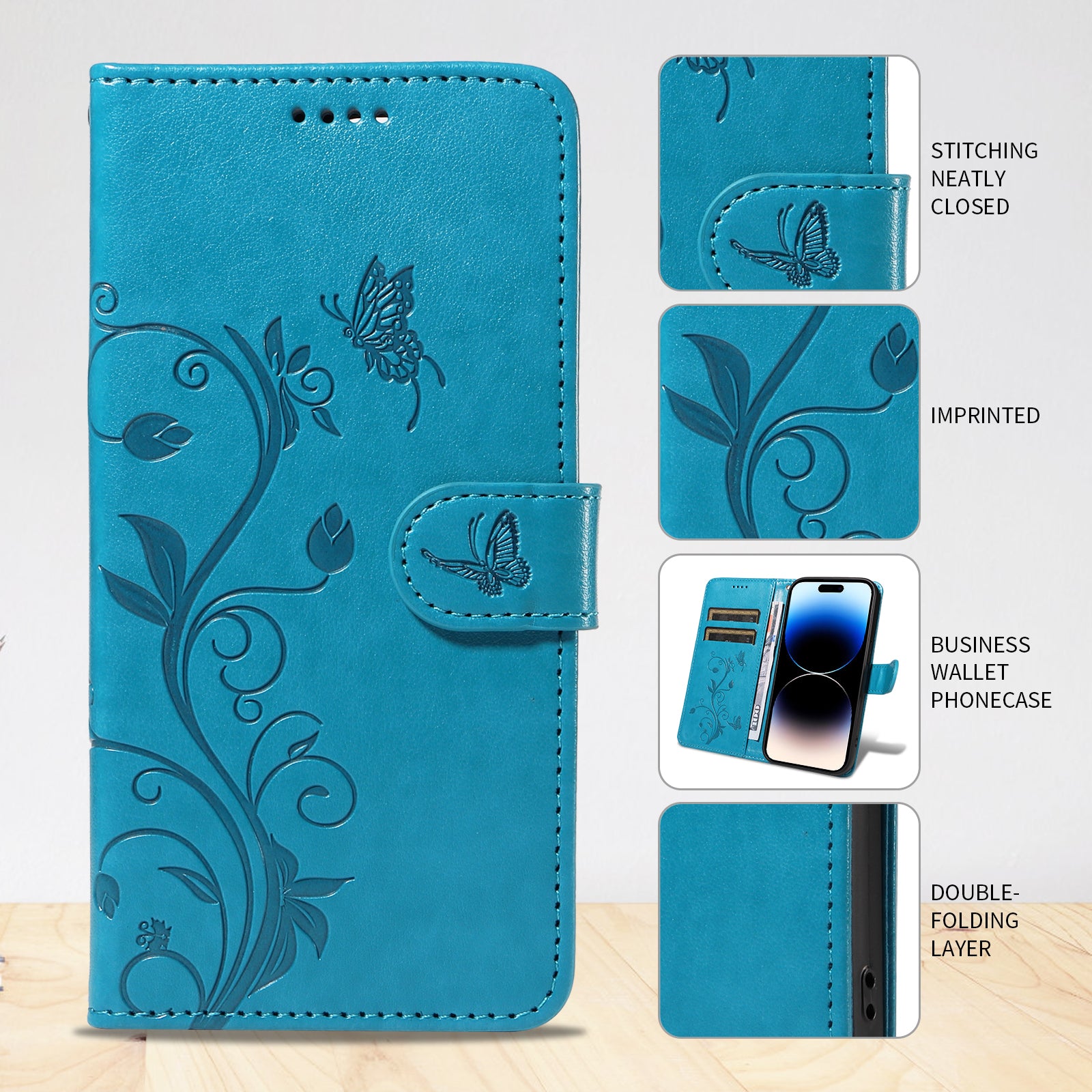 For-Samsung-Galaxy-S26-Ultra-PU-Leather-Cases-Flower-Pattern-Wallet-Stand-Phone-Cover-with-Strap-Blue