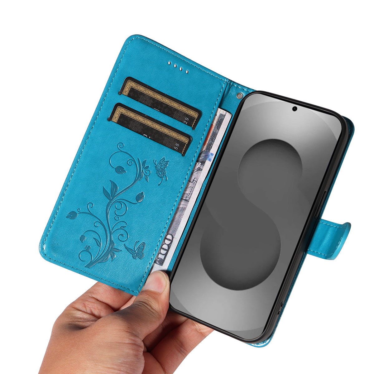 For-Samsung-Galaxy-S26-Ultra-PU-Leather-Cases-Flower-Pattern-Wallet-Stand-Phone-Cover-with-Strap-Blue