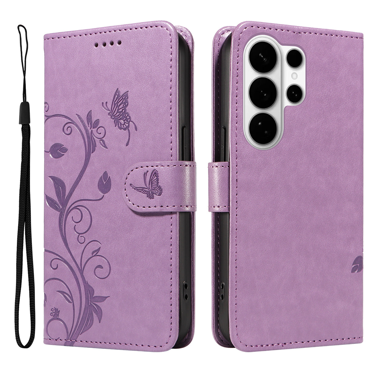 For-Samsung-Galaxy-S26-Ultra-PU-Leather-Cases-Flower-Pattern-Wallet-Stand-Phone-Cover-with-Strap-Light-Purple