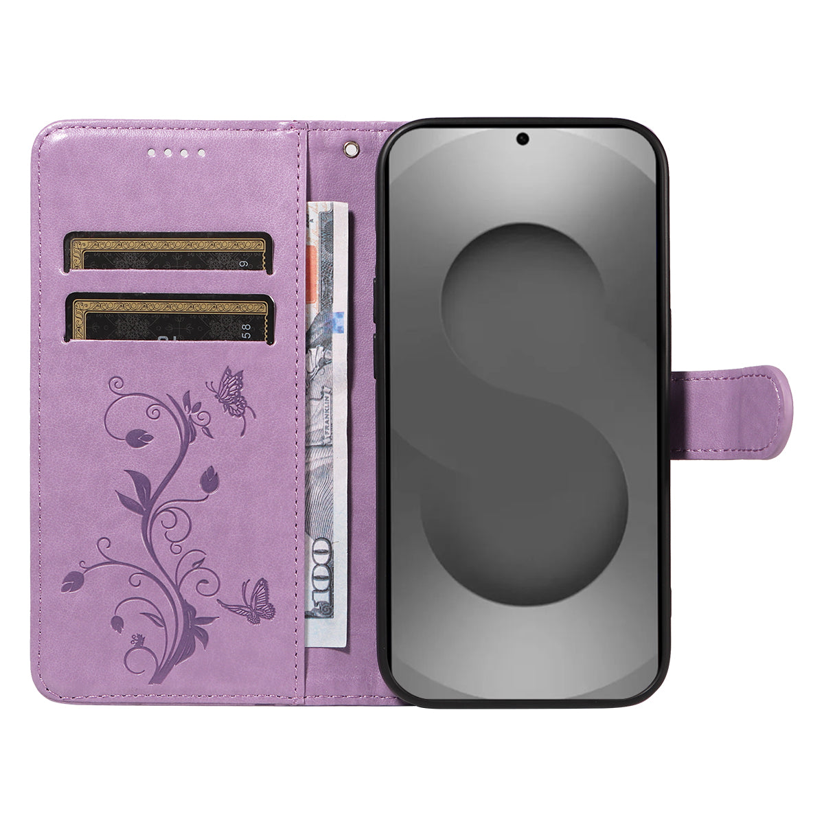 For-Samsung-Galaxy-S26-Ultra-PU-Leather-Cases-Flower-Pattern-Wallet-Stand-Phone-Cover-with-Strap-Light-Purple