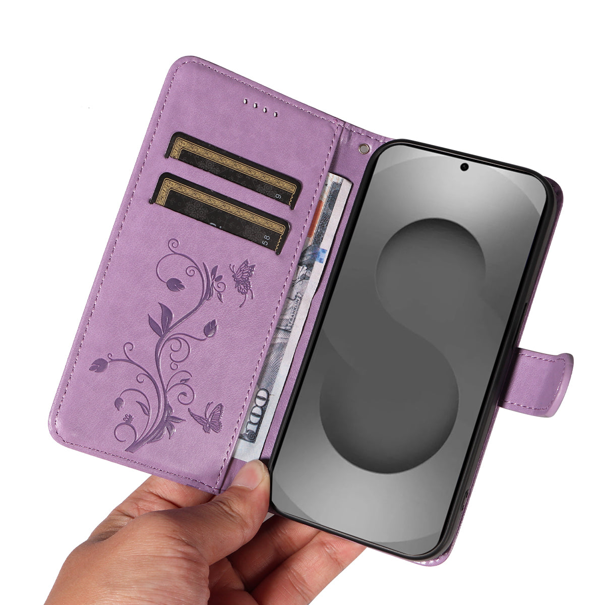 For-Samsung-Galaxy-S26-Ultra-PU-Leather-Cases-Flower-Pattern-Wallet-Stand-Phone-Cover-with-Strap-Light-Purple